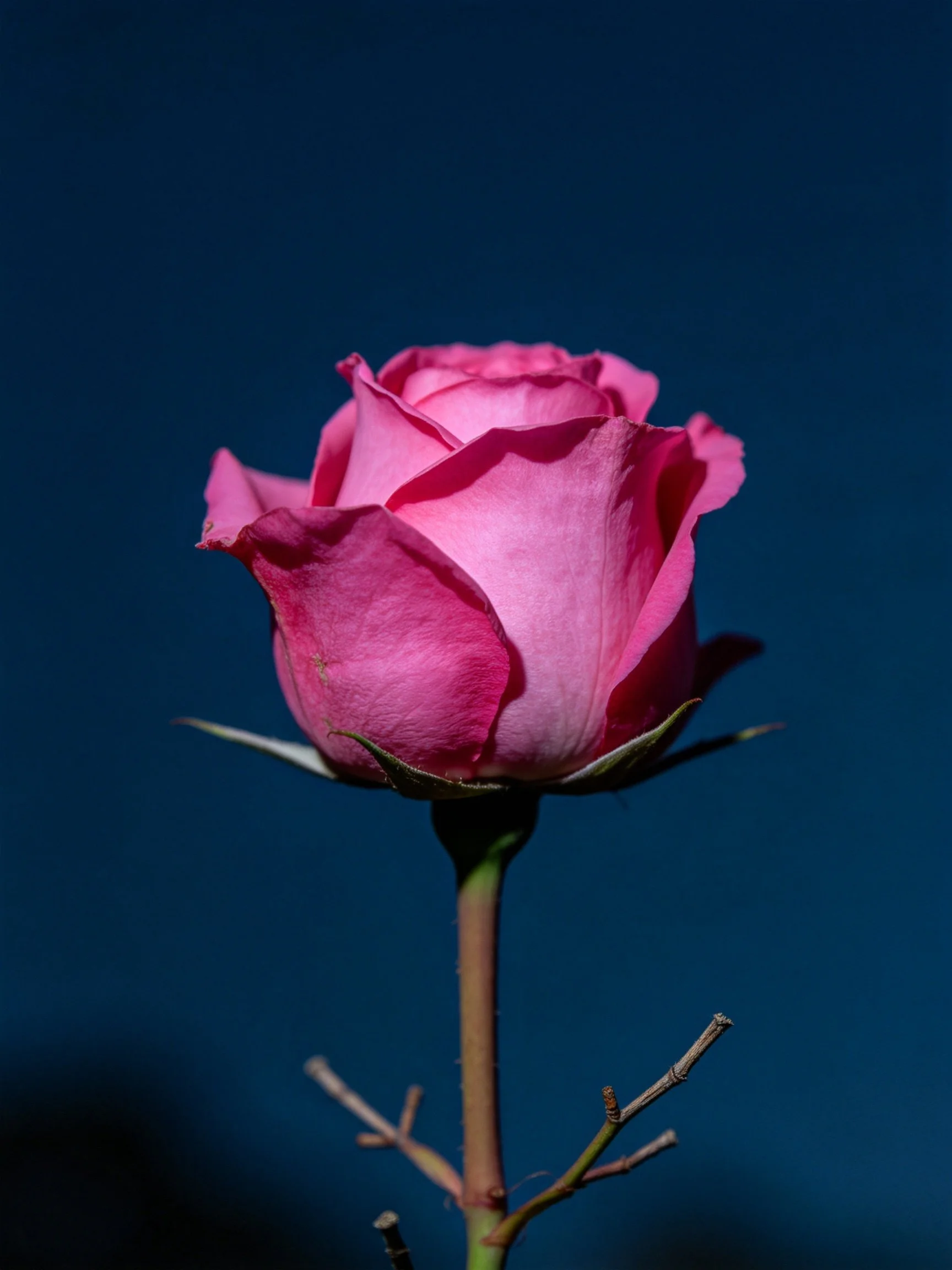 A vibrant pink rosebud with green stem against a deep blue backdrop