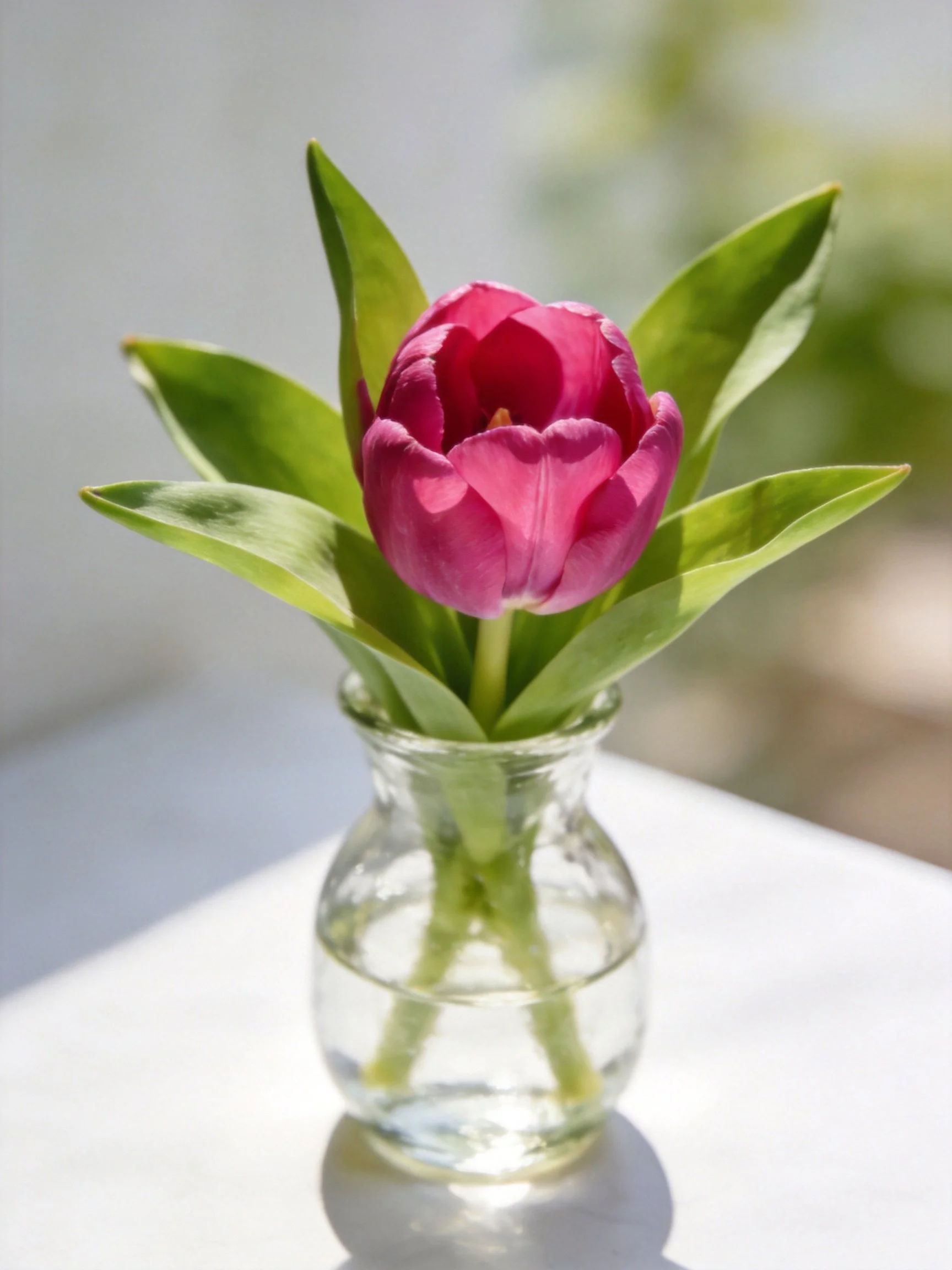 A vibrant pink tulip displayed in a small glass vase with green leaves