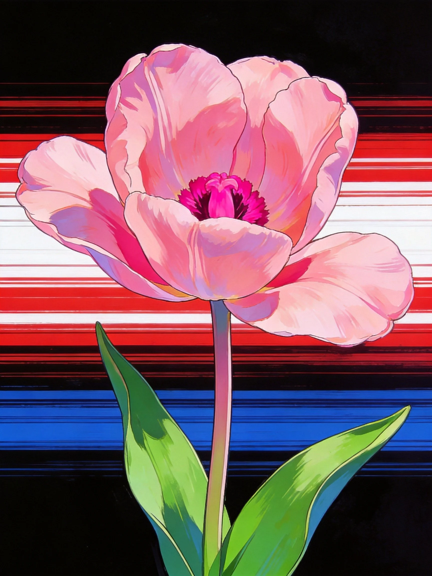 A vibrant pink tulip with green leaves on red, white, blue striped backdrop