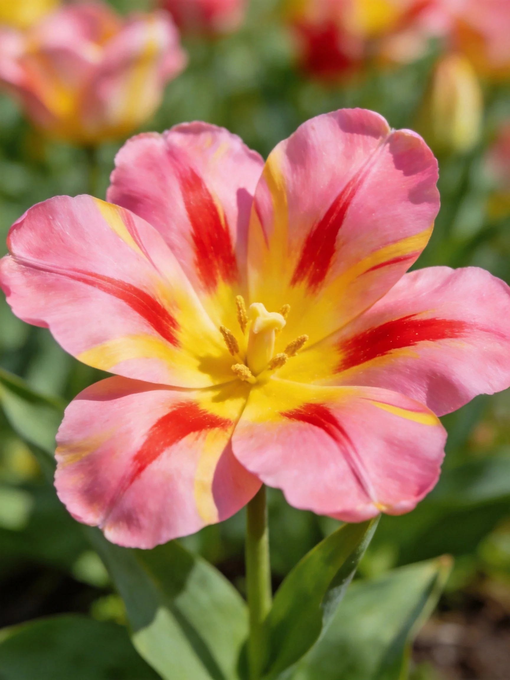 A vibrant pink tulip with yellow and red markings