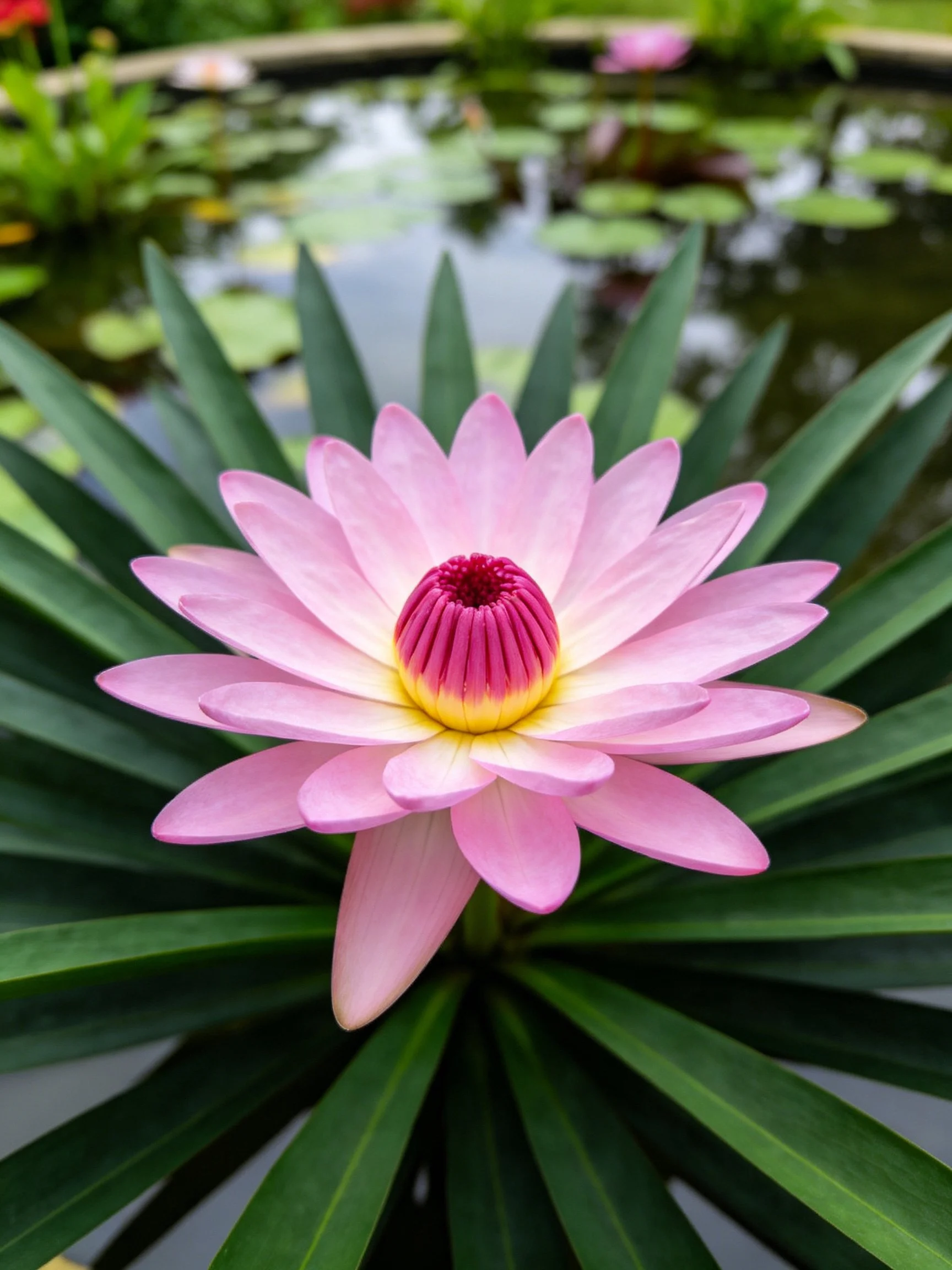 A vibrant pink water lily blooms amid broad green leaves