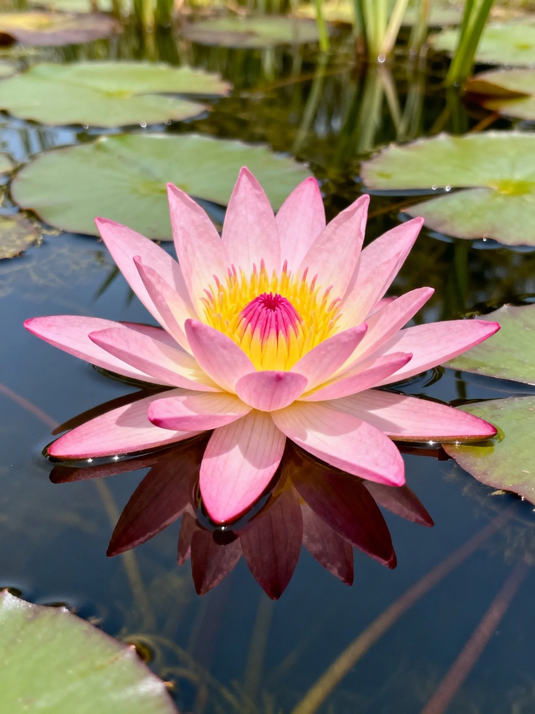 A vibrant pink water lily blooms amid green lily pads on calm water