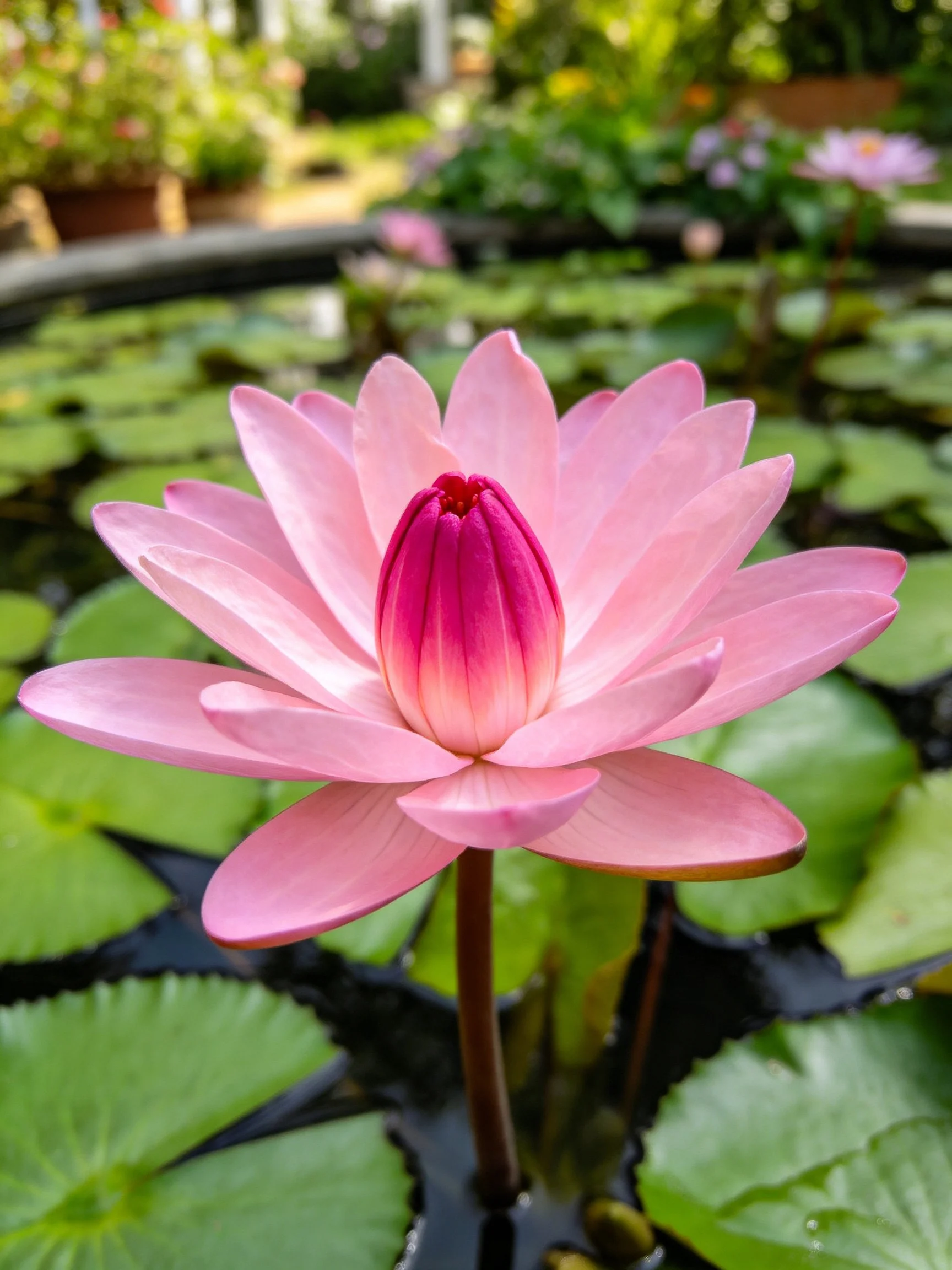 A vibrant pink water lily blooms amid green lily pads