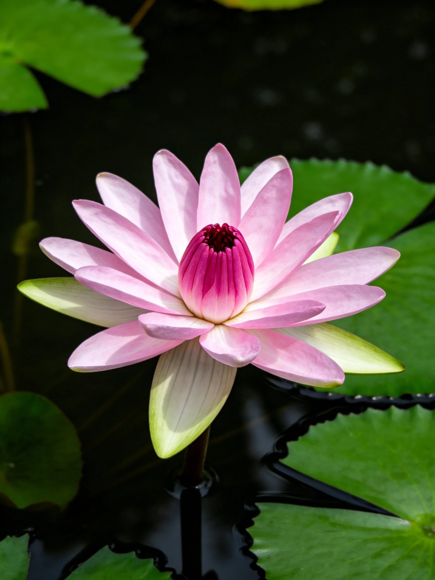 A vibrant pink water lily blooms amid green lily pads