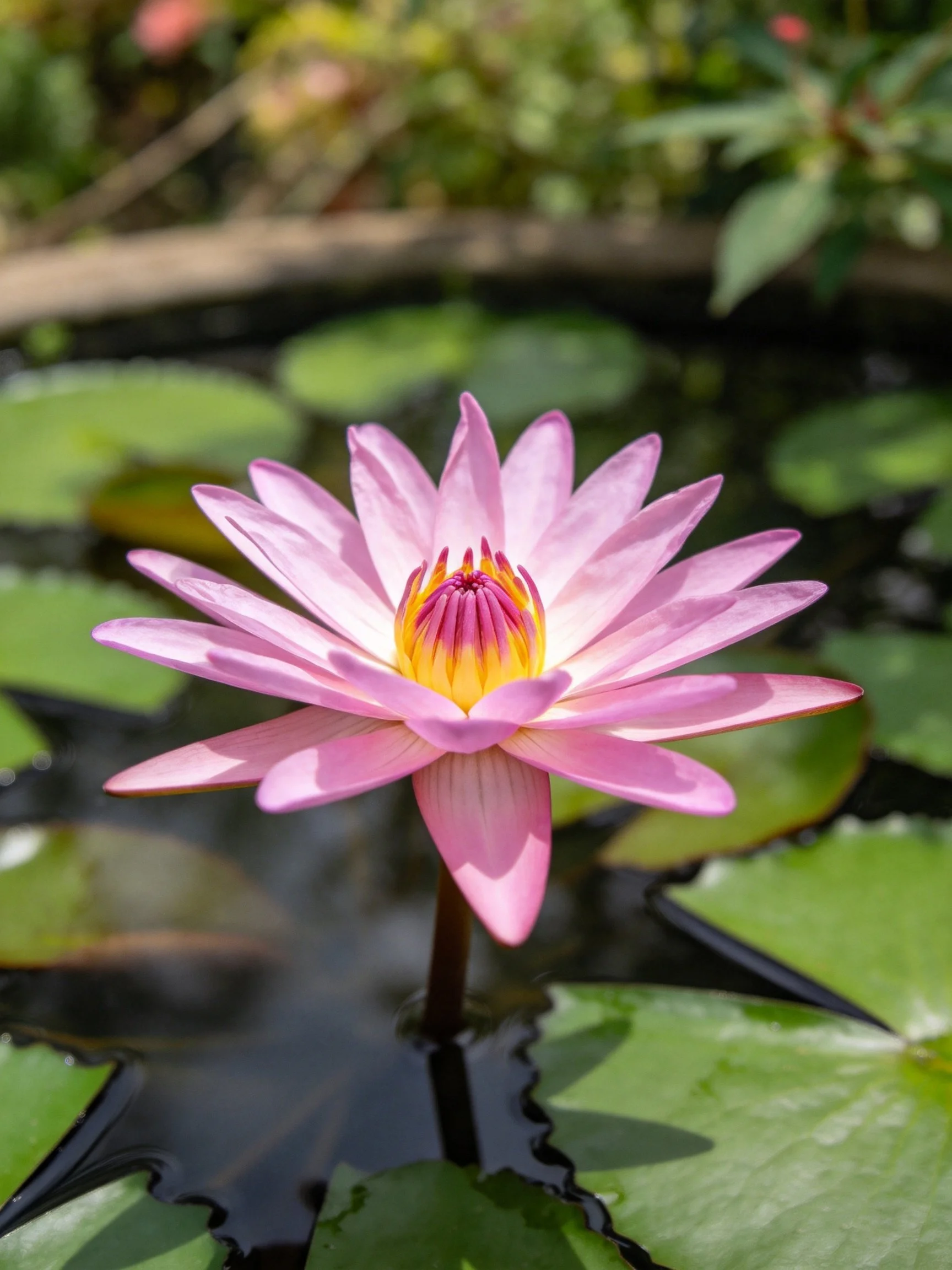 A vibrant pink water lily blooms amid green lily pads