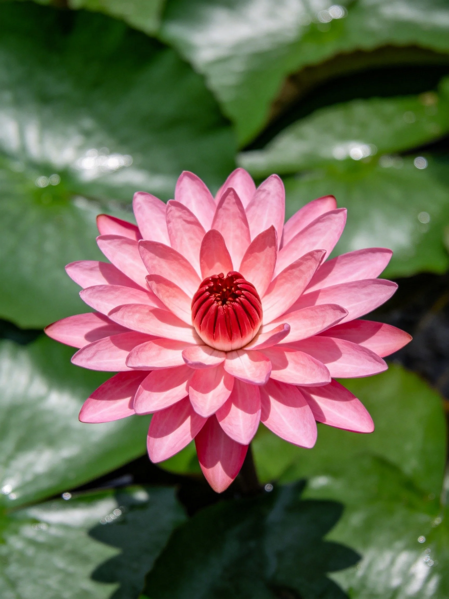 A vibrant pink water lily blooms among glossy green leaves