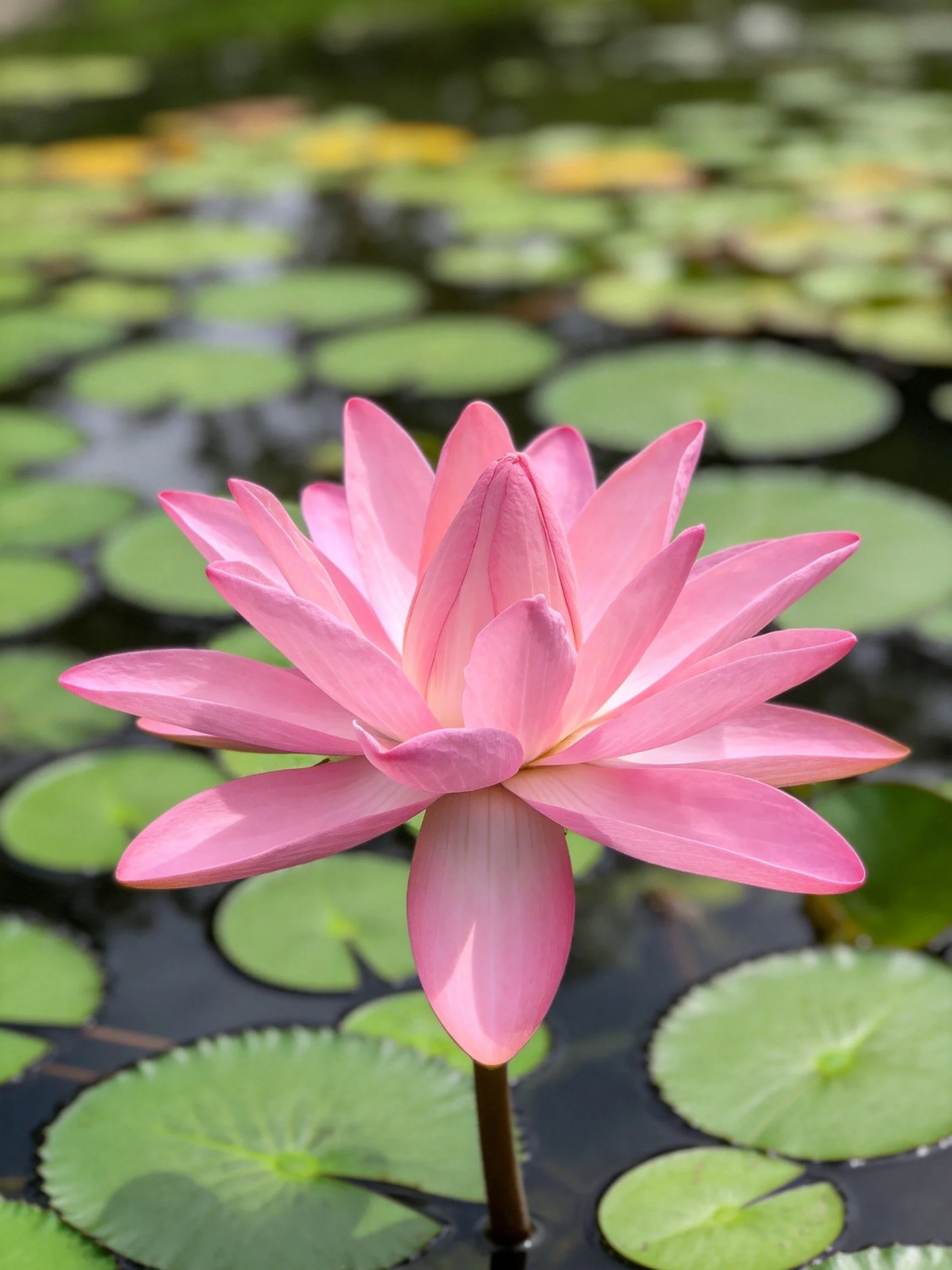 A vibrant pink water lily blooms among green lily pads in calm water
