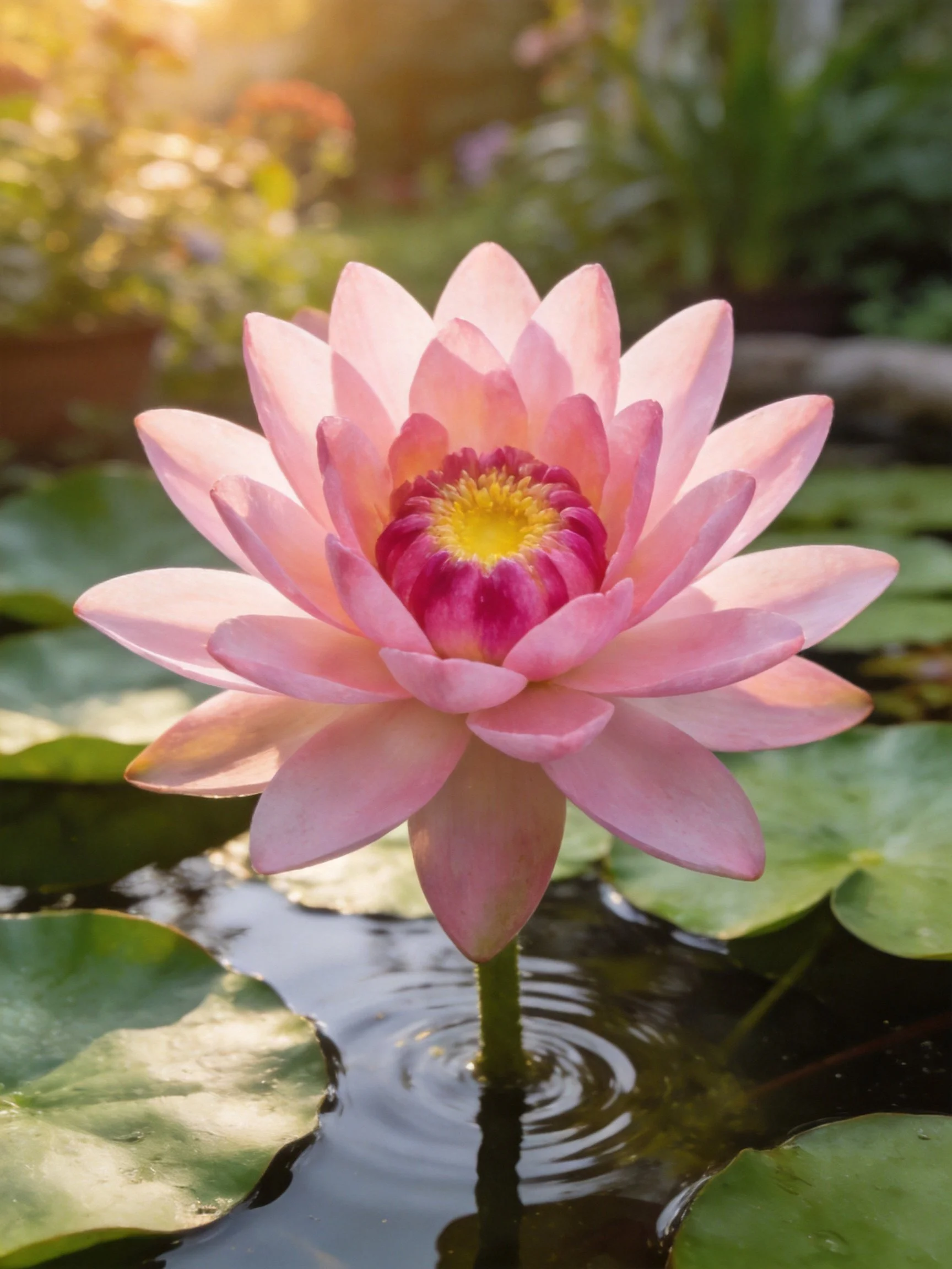 A vibrant pink water lily blooms among green lily pads in calm water.