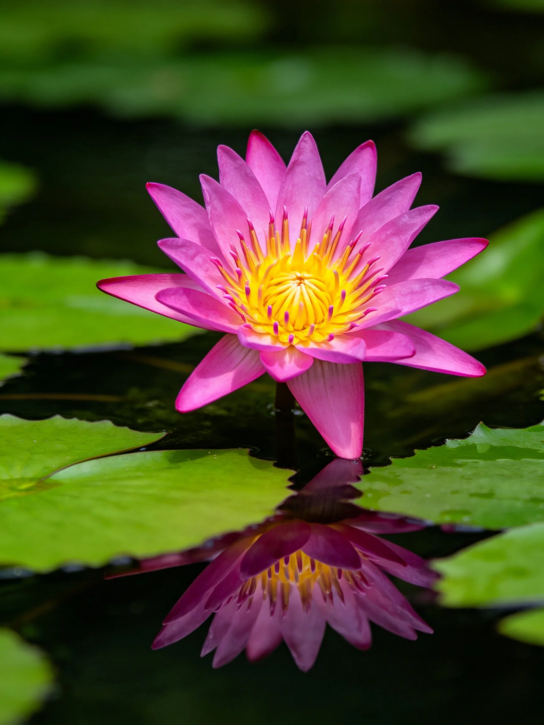 A vibrant pink water lily blooms among green lily pads
