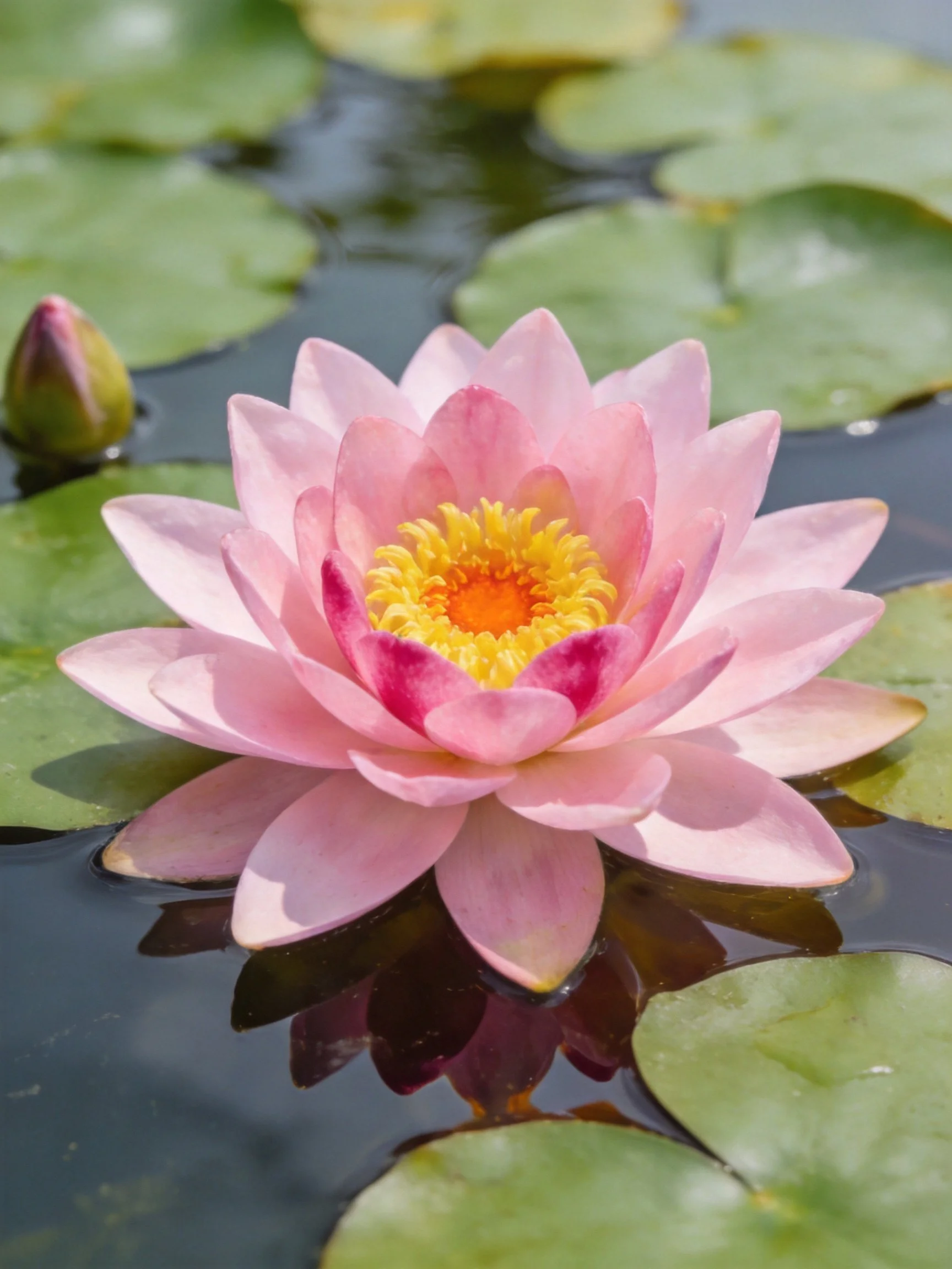 A vibrant pink water lily blooms among green lily pads