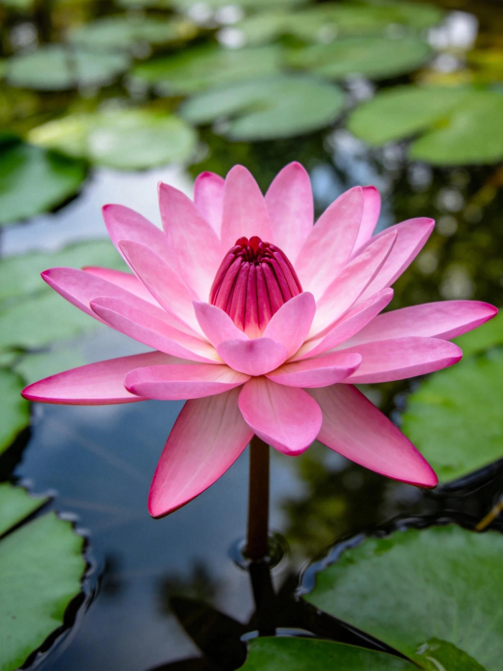 A vibrant pink water lily blooms among green lily pads