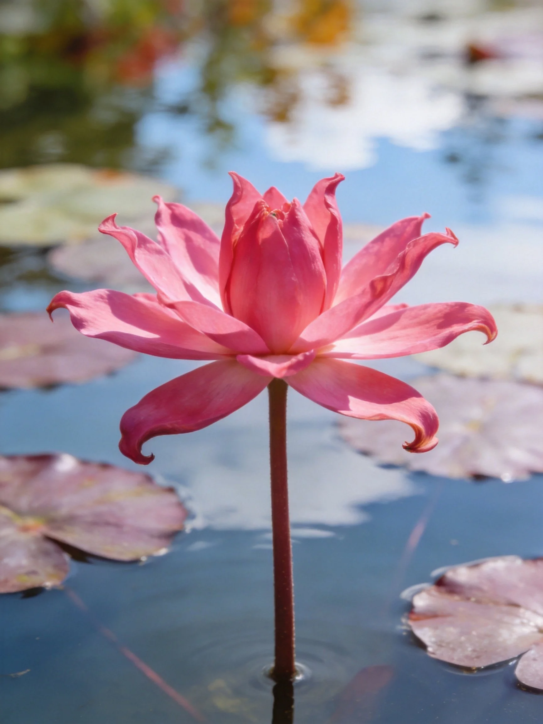 A vibrant pink water lily blooms among lily pads in calm water
