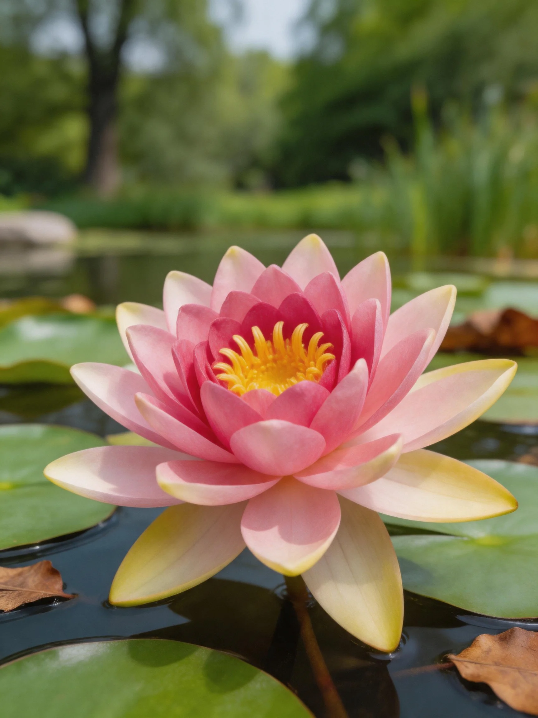 A vibrant pink water lily blooms among lily pads on calm water