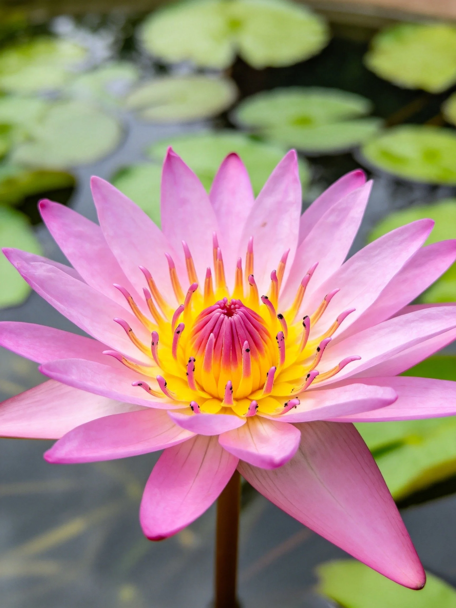 A vibrant pink water lily blooms near green lily pads