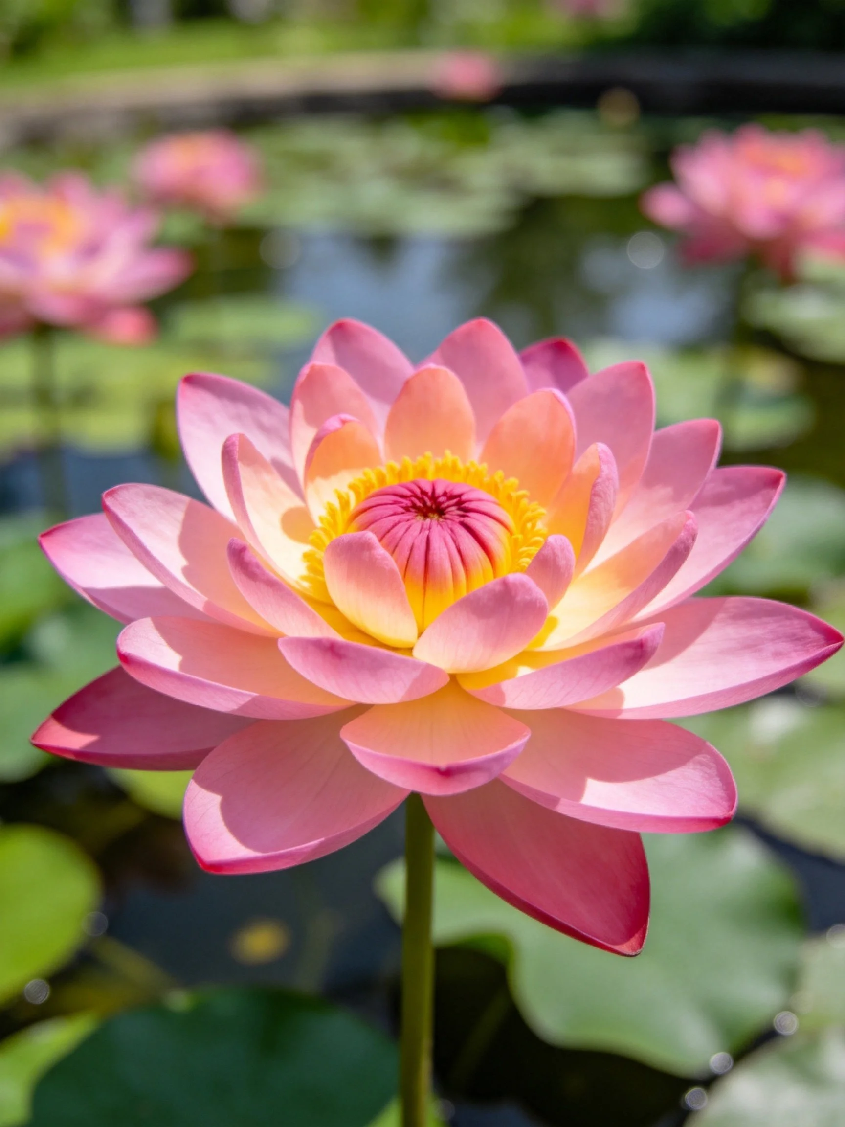 A vibrant pink water lily blooms near green lily pads