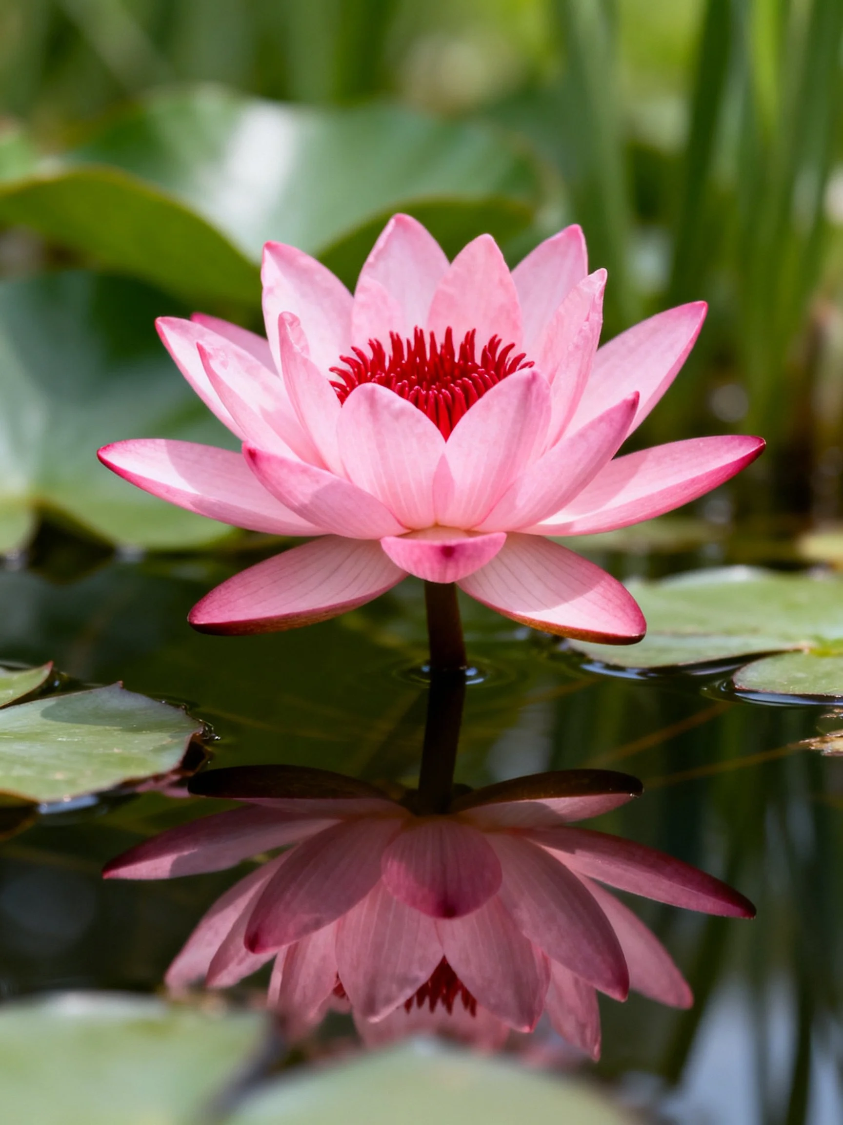 A vibrant pink water lily blooms on calm water surrounded by green leaves