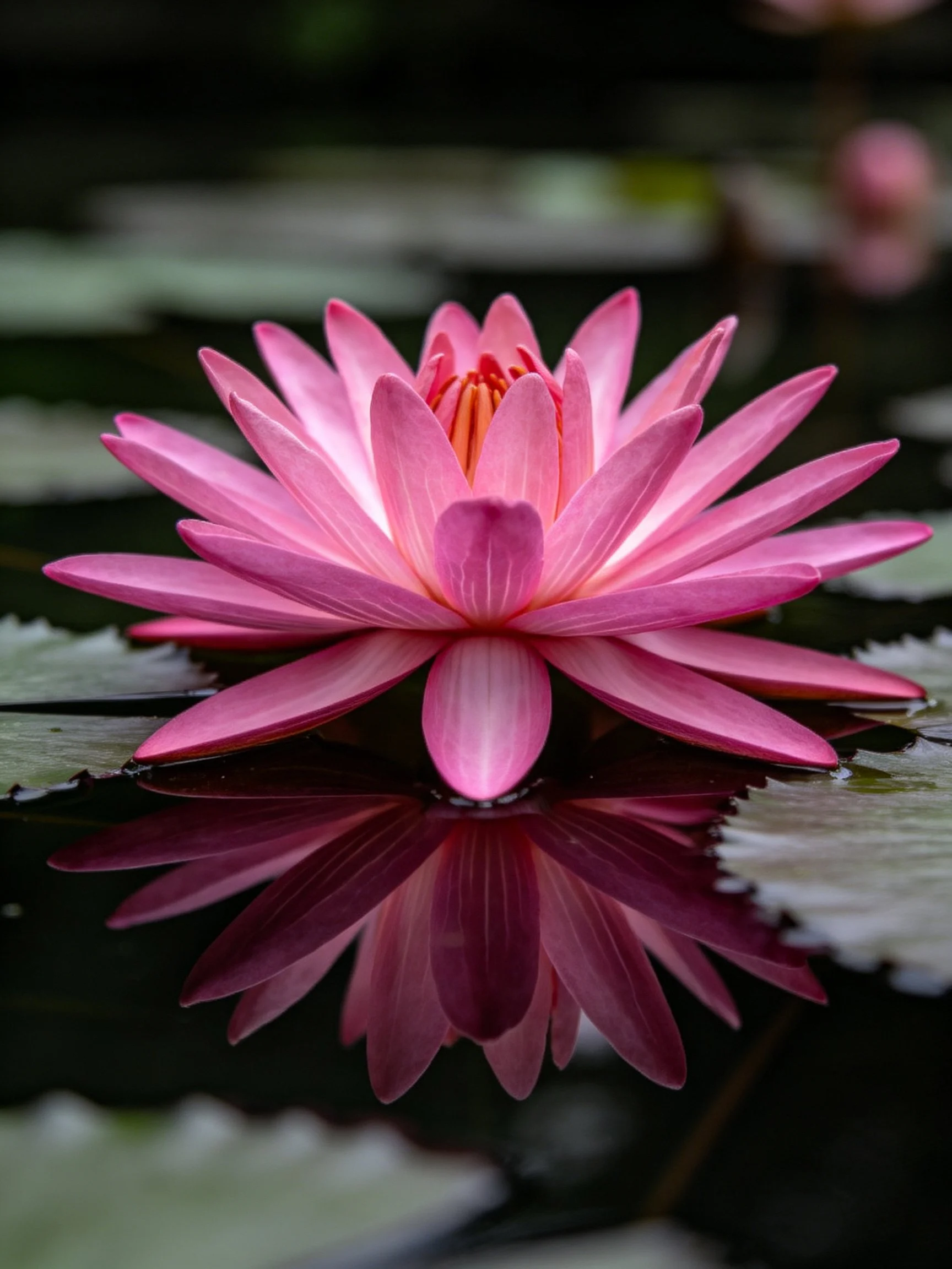 A vibrant pink water lily floating on calm water