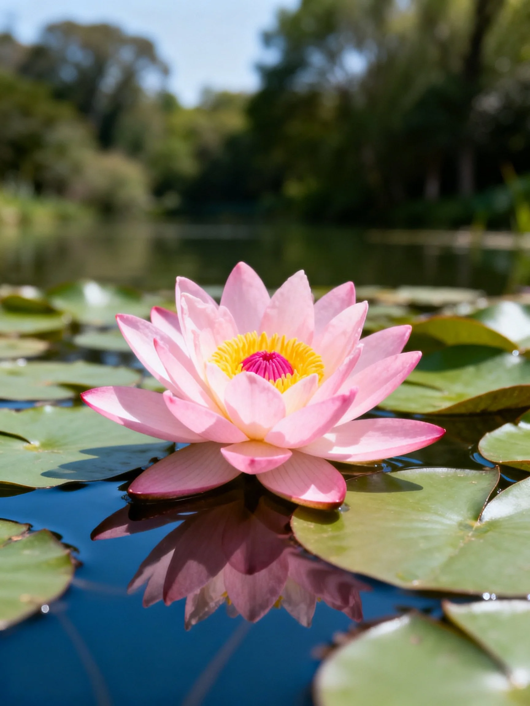 A vibrant pink water lily floats among green lily pads on calm water