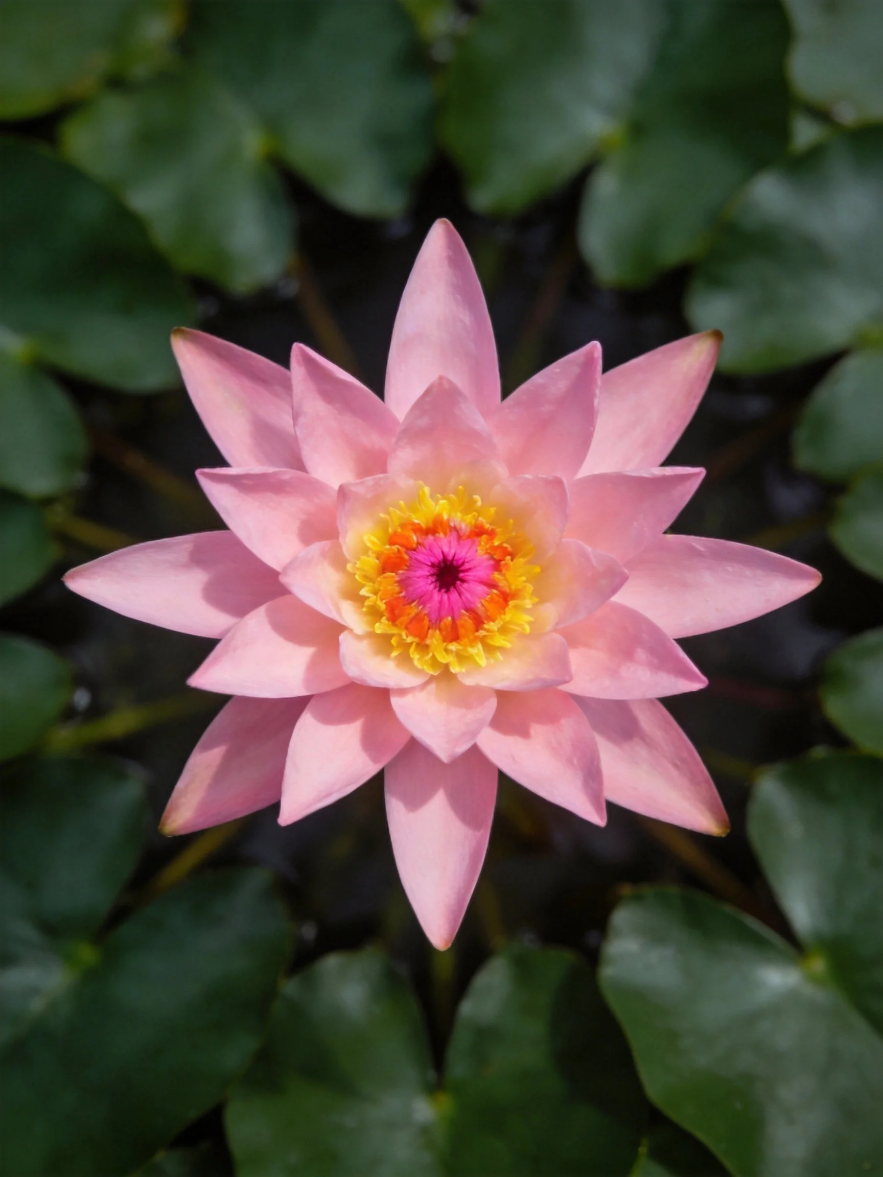 A vibrant pink water lily surrounded by dark green leaves
