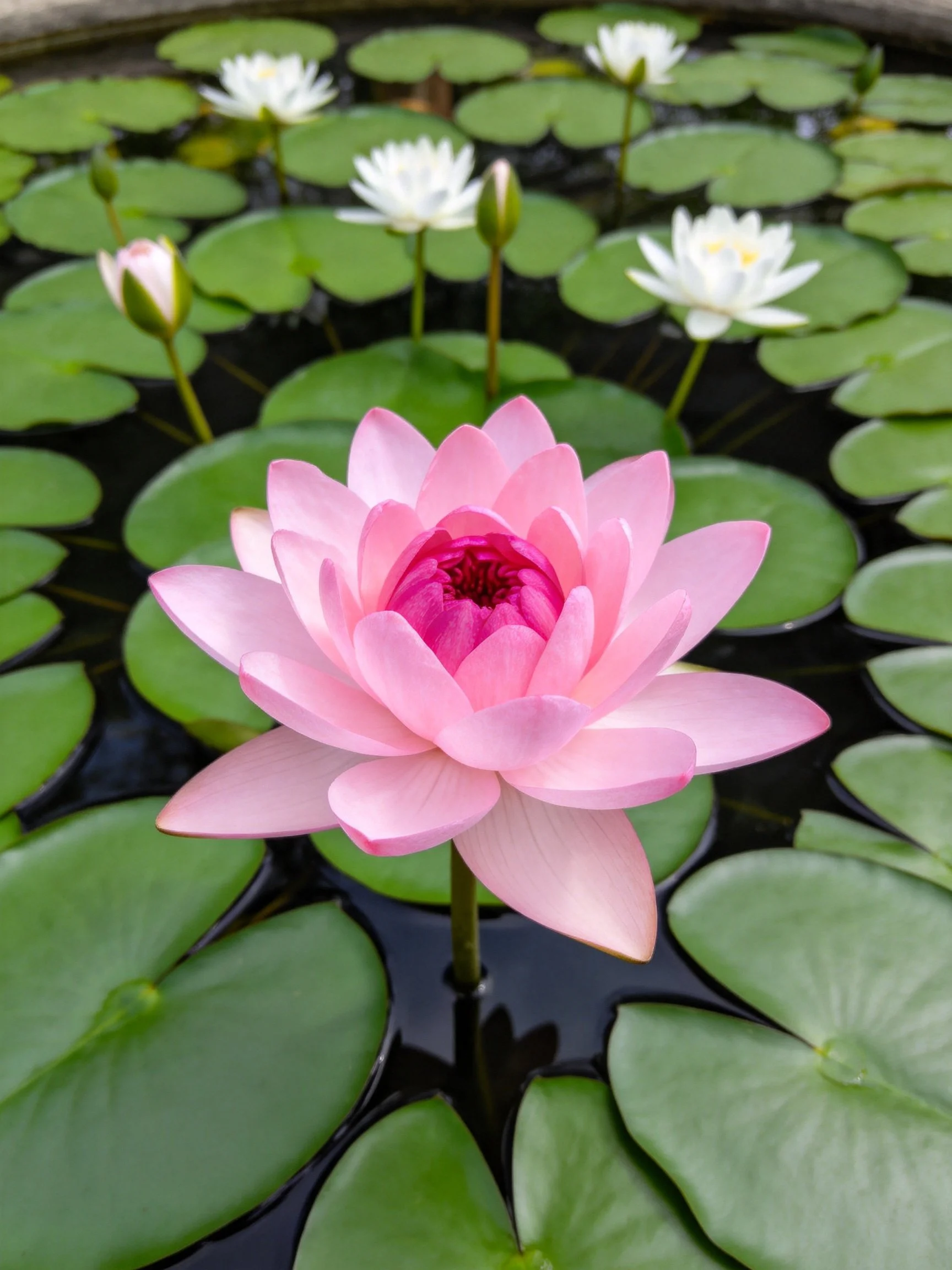 A vibrant pink water lily surrounded by green lily pads and white blooms