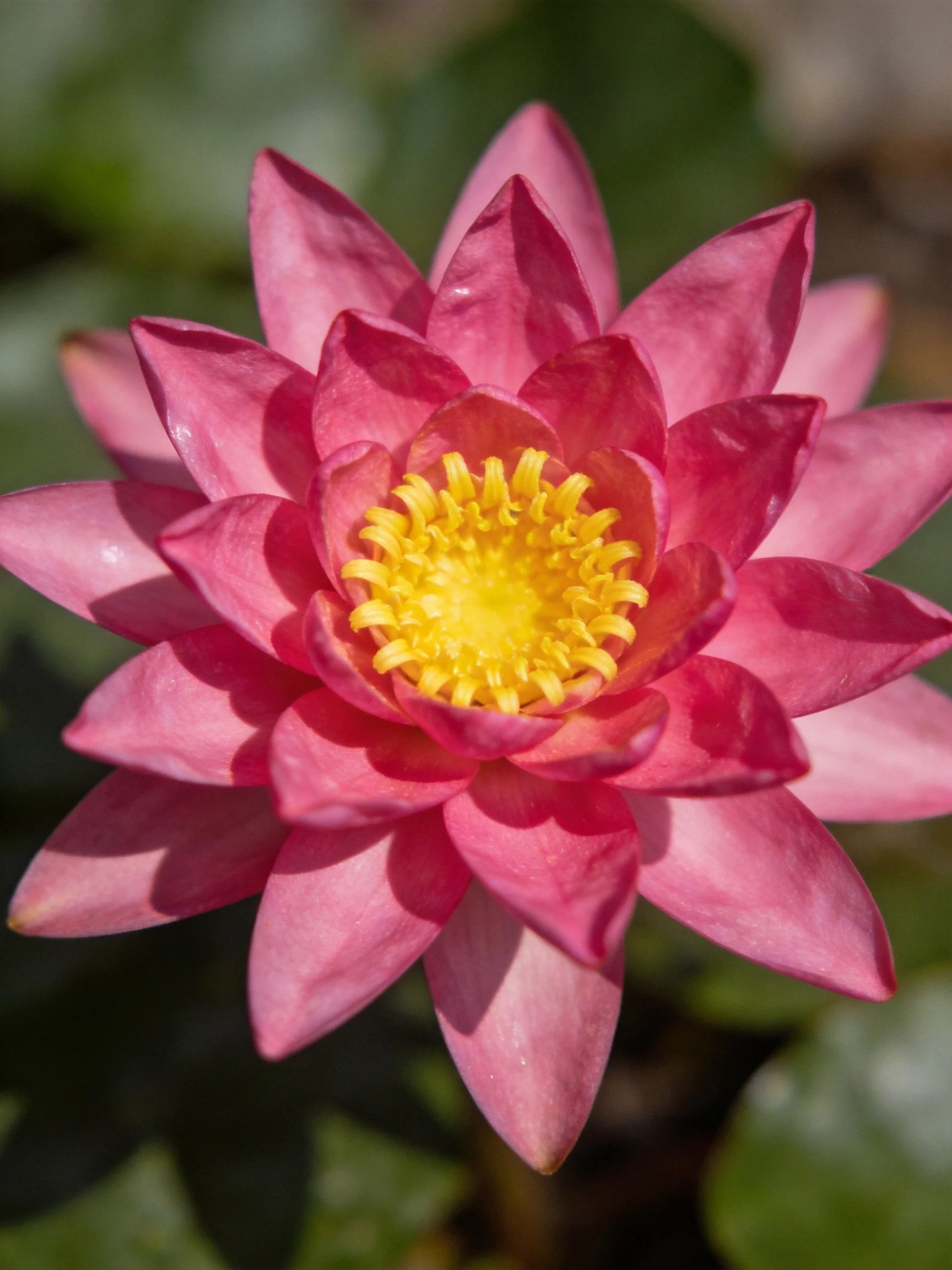 A vibrant pink water lily with a bright yellow center