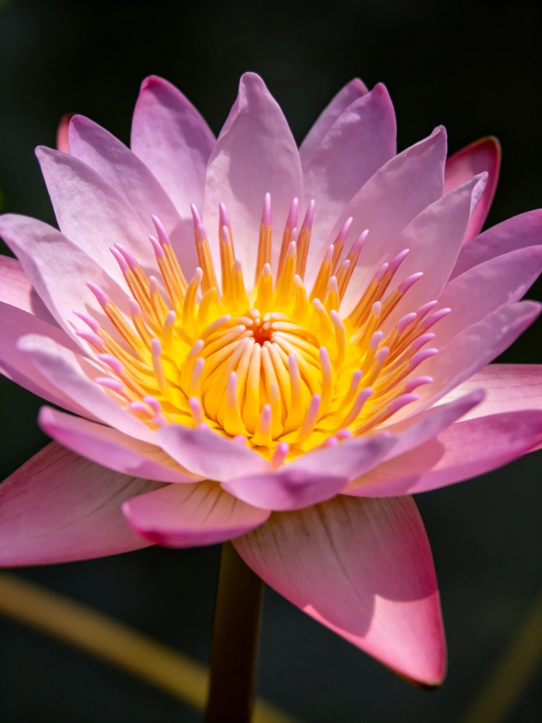 A vibrant pink water lily with golden-yellow center