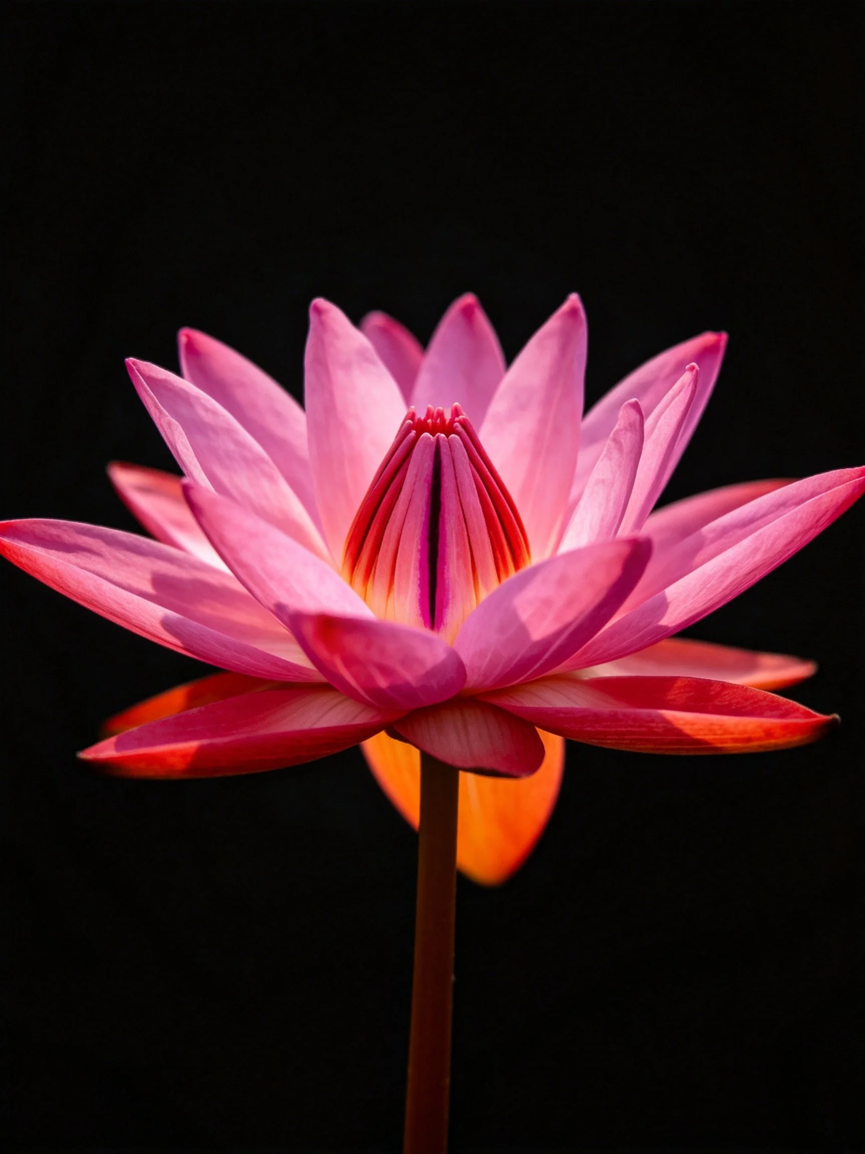 A vibrant pink water lily with layered petals against a black backdrop