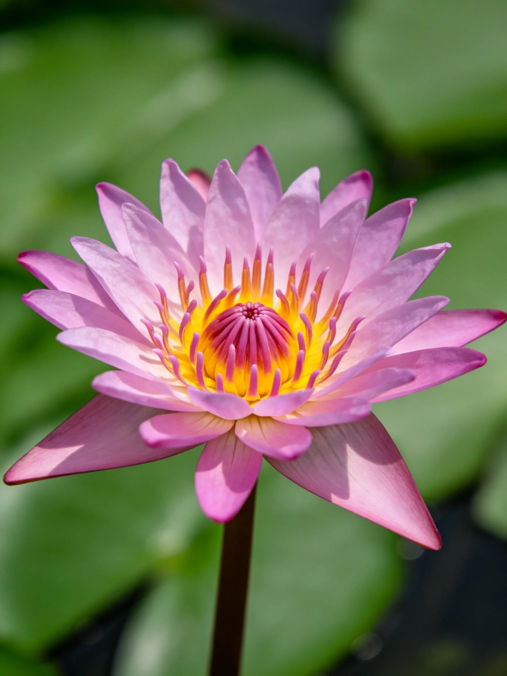 A vibrant pink water lily with layered petals and a bright yellow center
