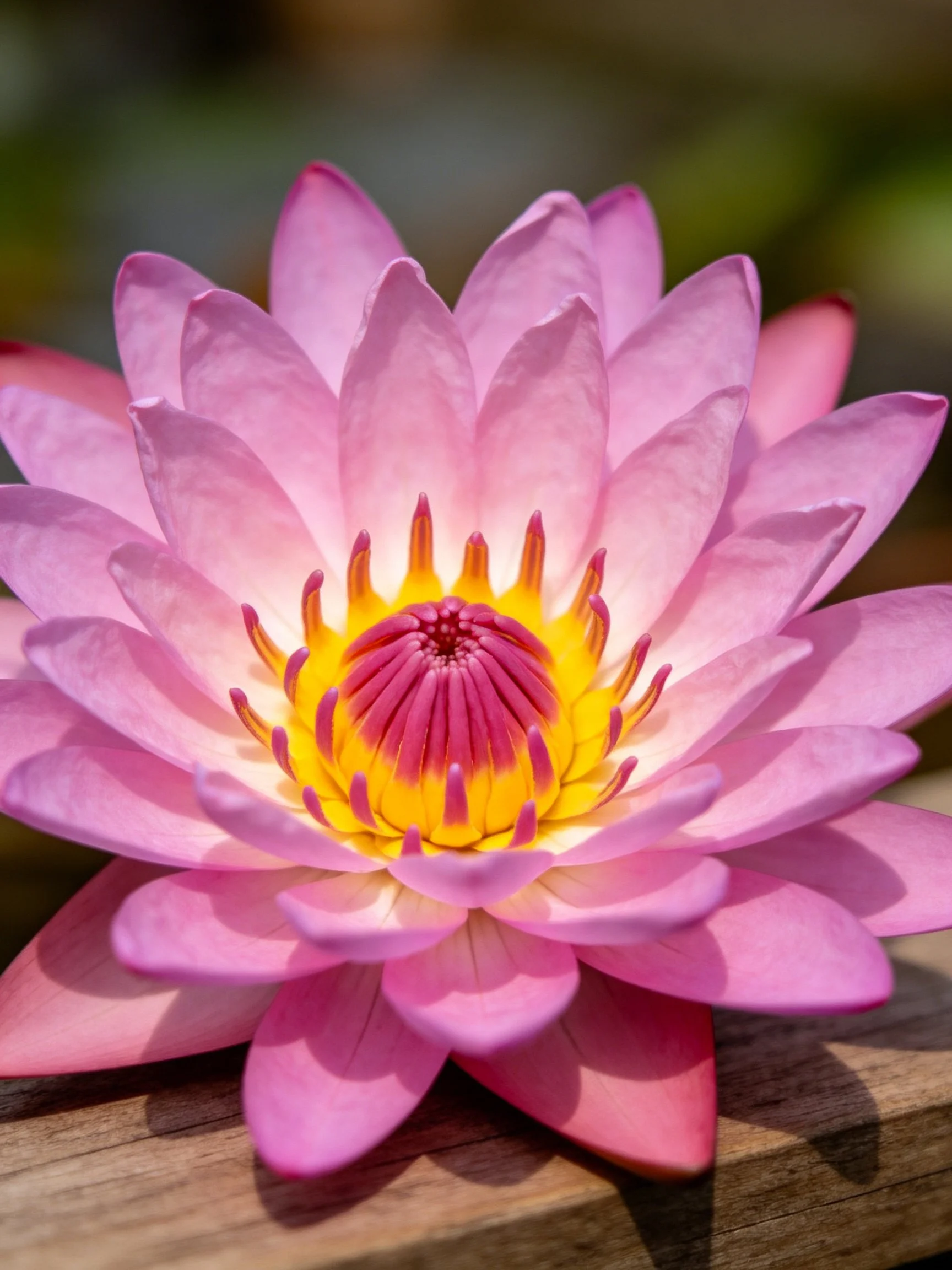 A vibrant pink water lily with layered petals and a golden - yellow center