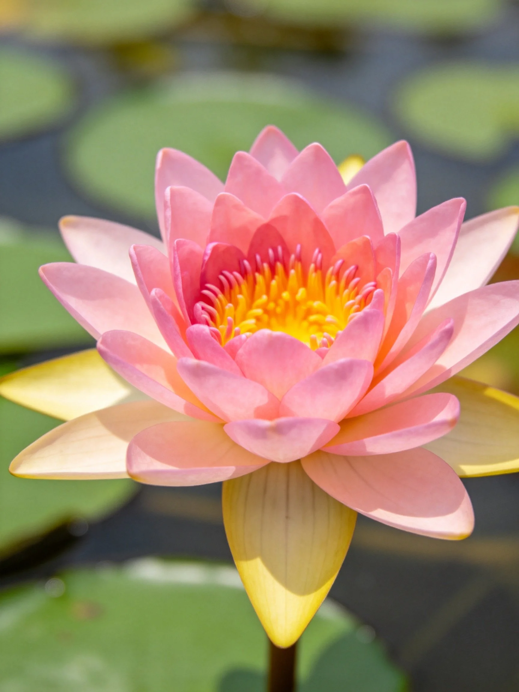 A vibrant pink water lily with layered petals and golden center