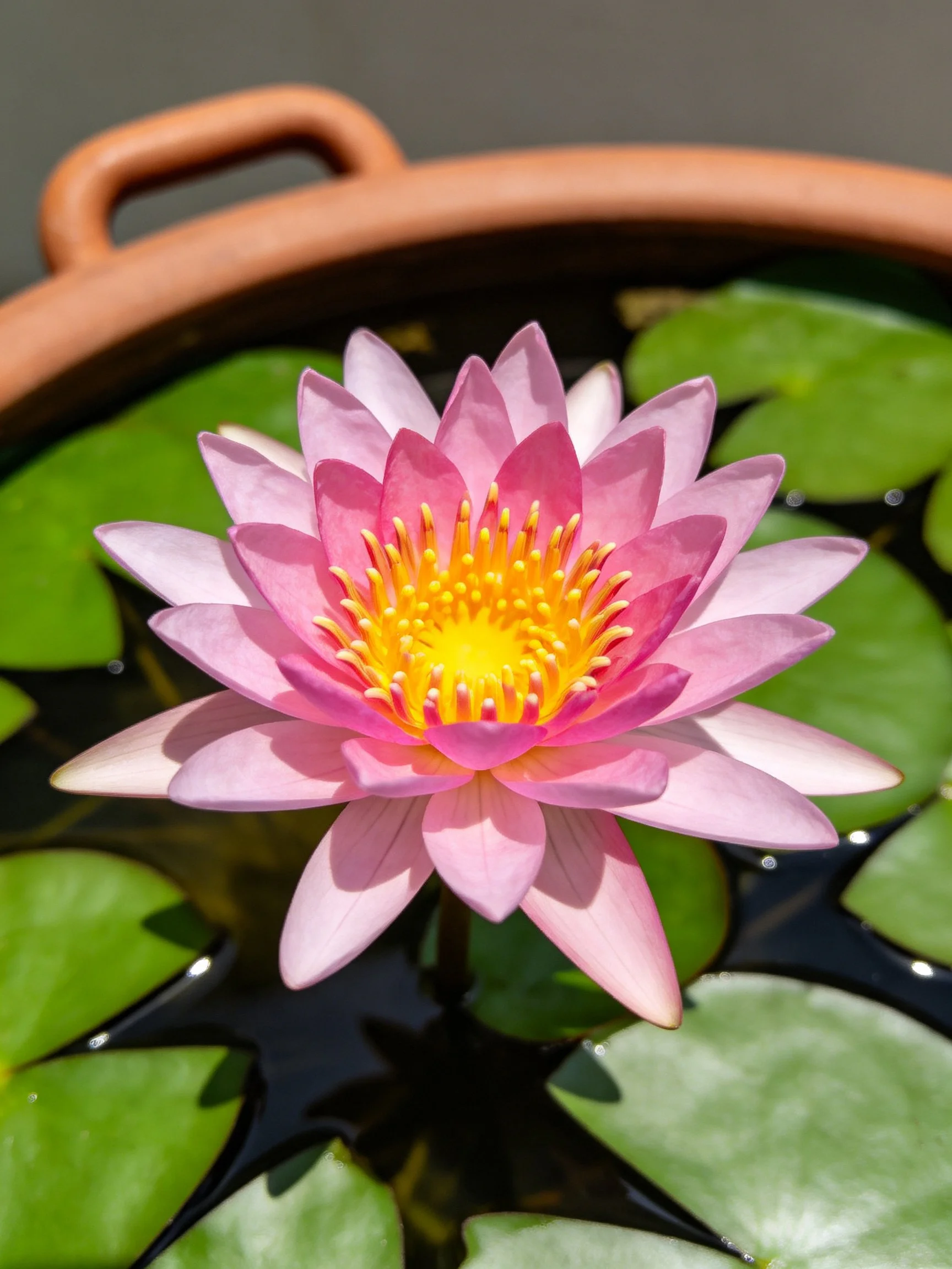 A vibrant pink water lily with yellow center amid green lily pads in a terracotta container