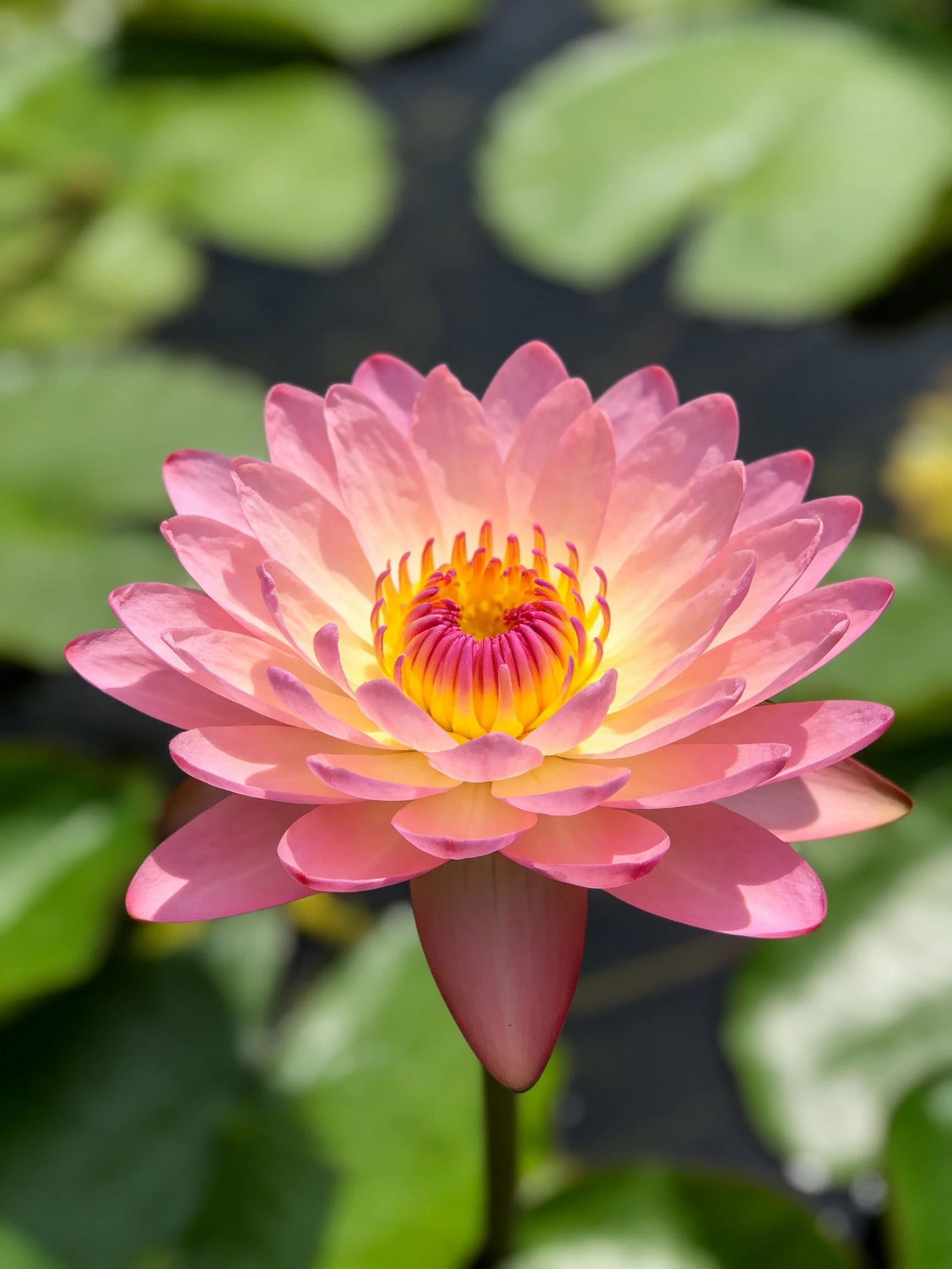 A vibrant pink water lily with yellow-orange center amid green lily pads