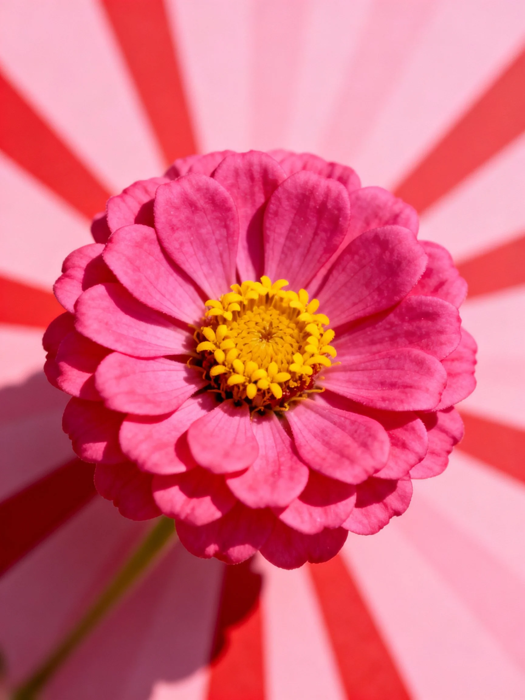 A vibrant pink zinnia flower centered on a colorful radial pattern