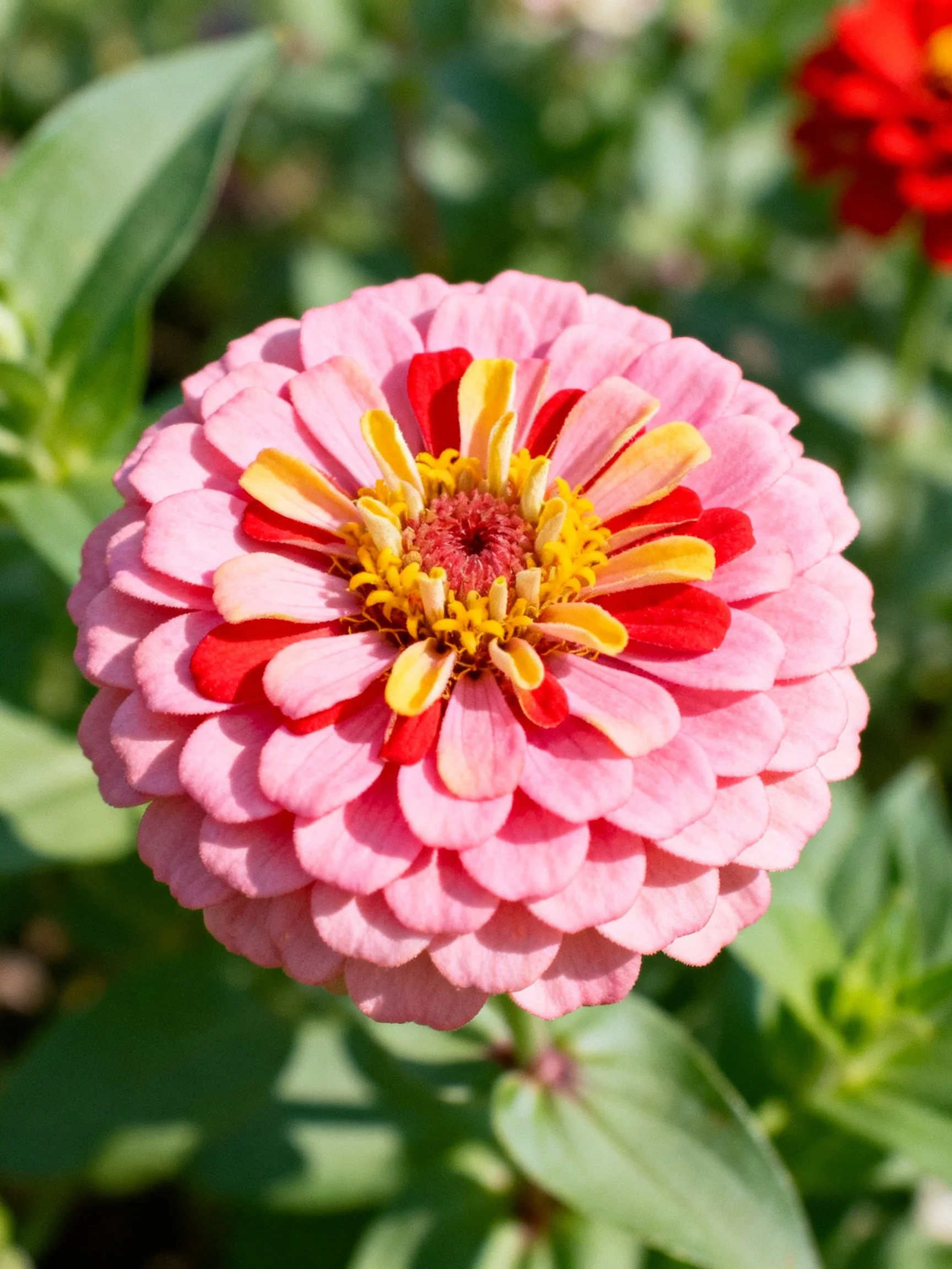 A vibrant pink zinnia with red and yellow centers, surrounded by green foliage
