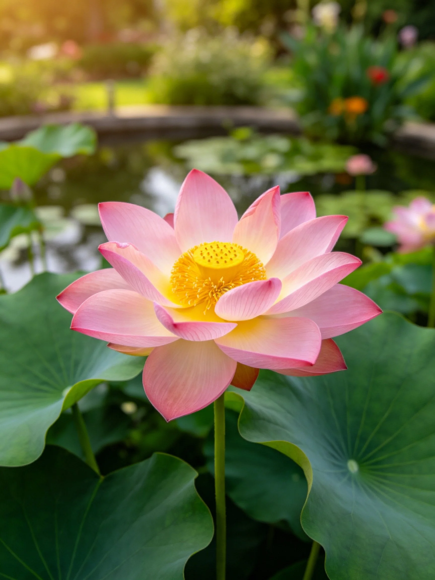A vibrant pinklotus blooms among large green leaves by a pond