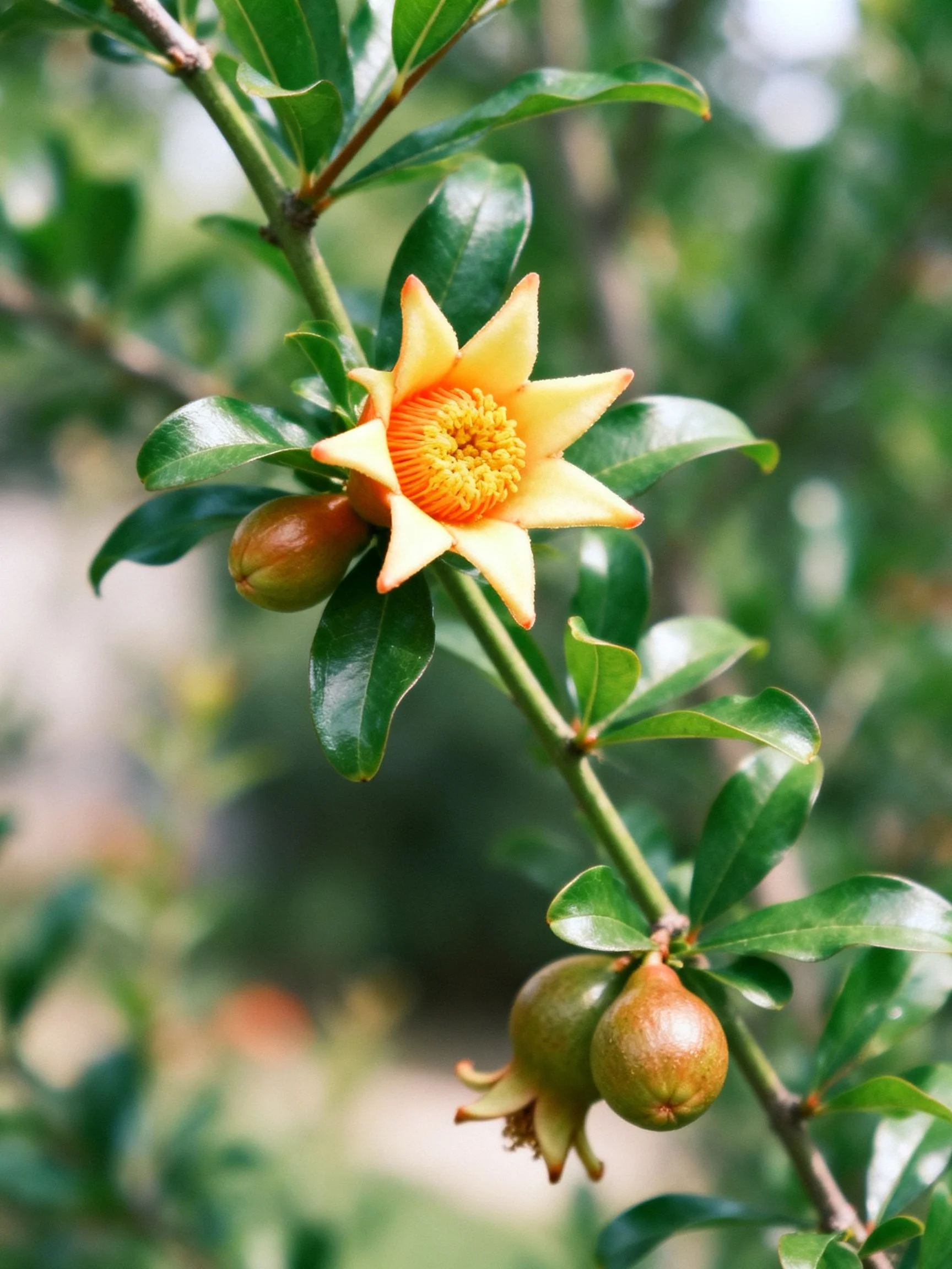 A vibrant pomegranate flower blooms amid glossy green leaves and unripe fruits
