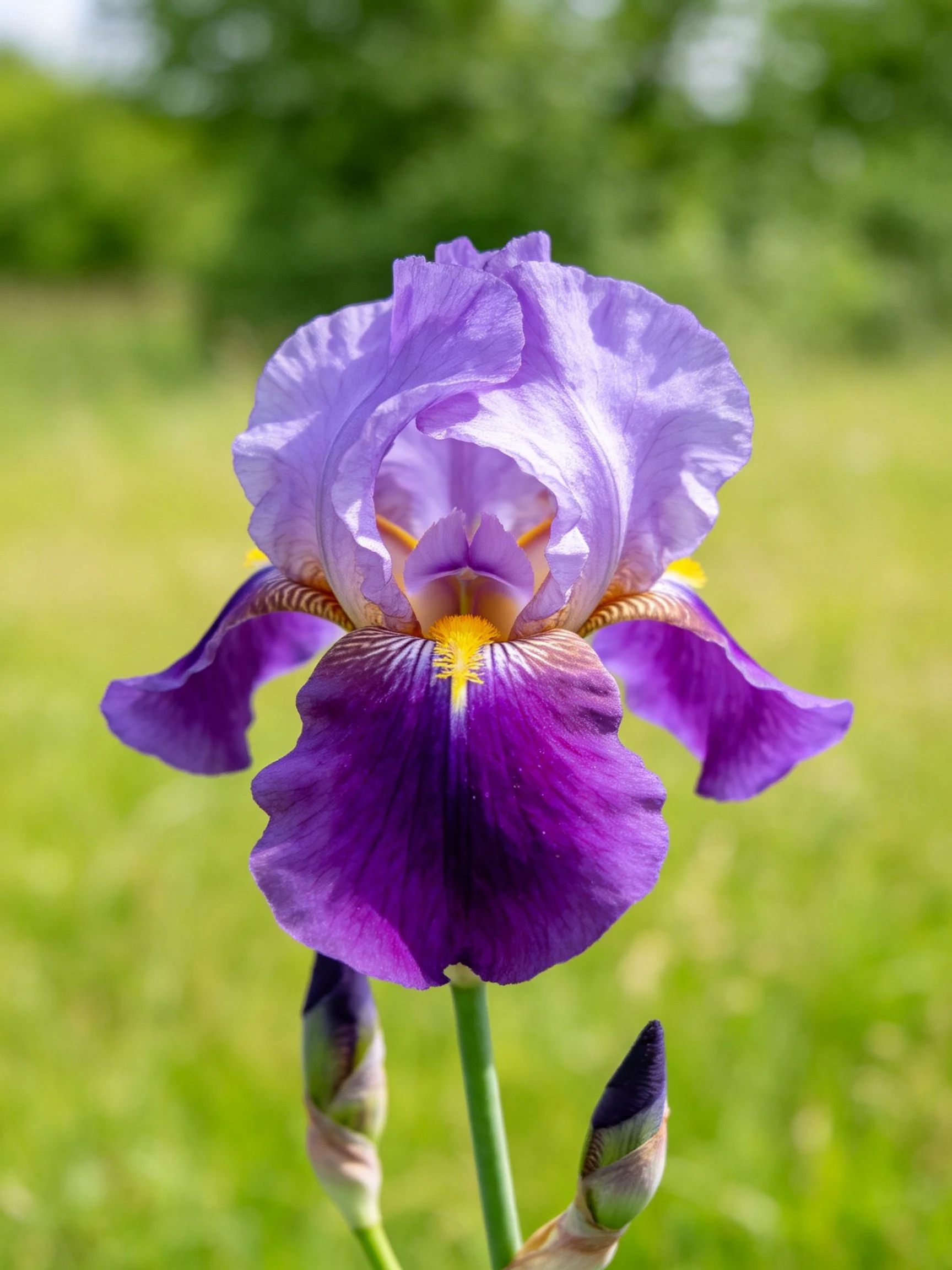 A vibrant purple and lavender iris blooms with yellow accents
