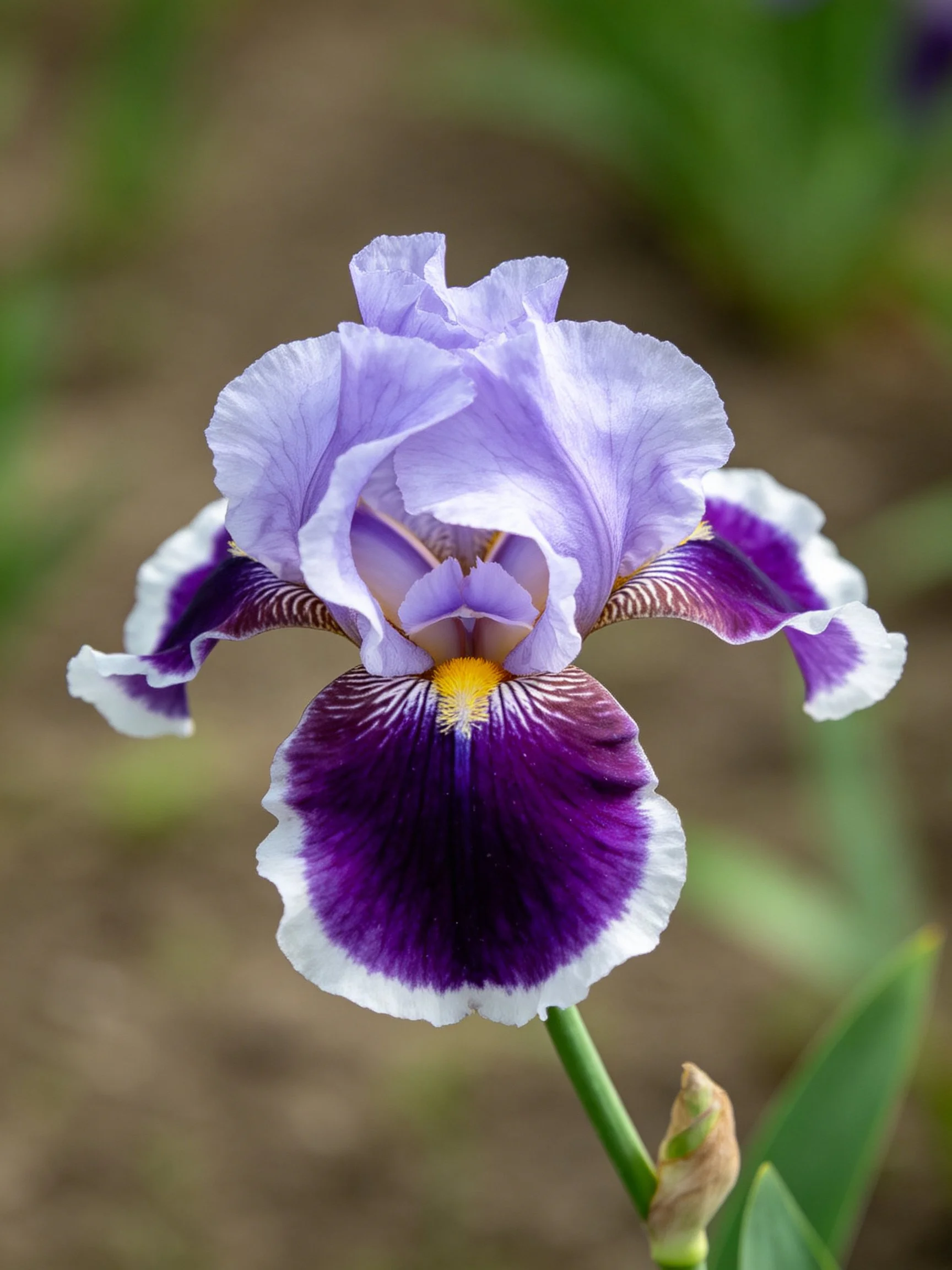 A vibrant purple and lavender iris with white accents
