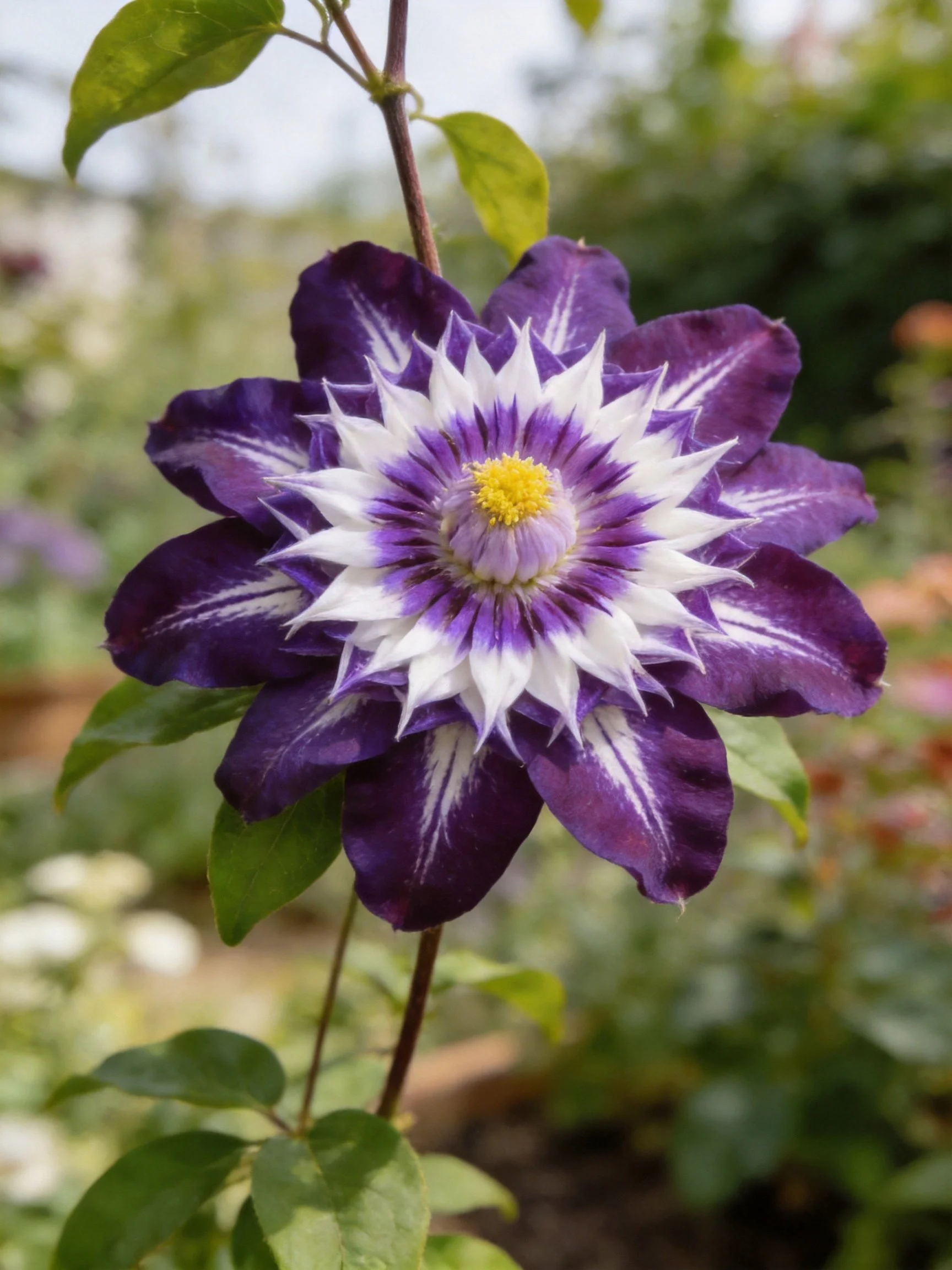 A vibrant purple and white clematis flower with a yellow center