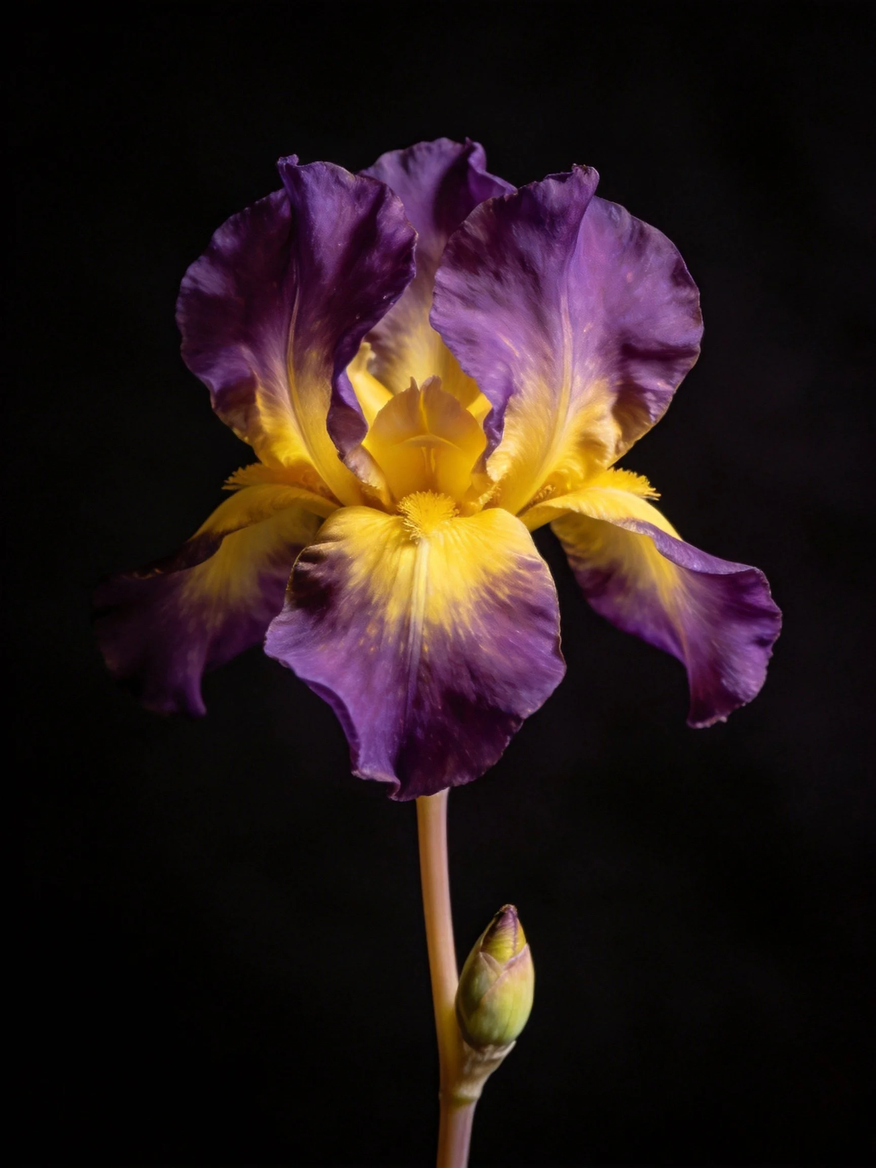 A vibrant purple and yellow iris with a closed bud