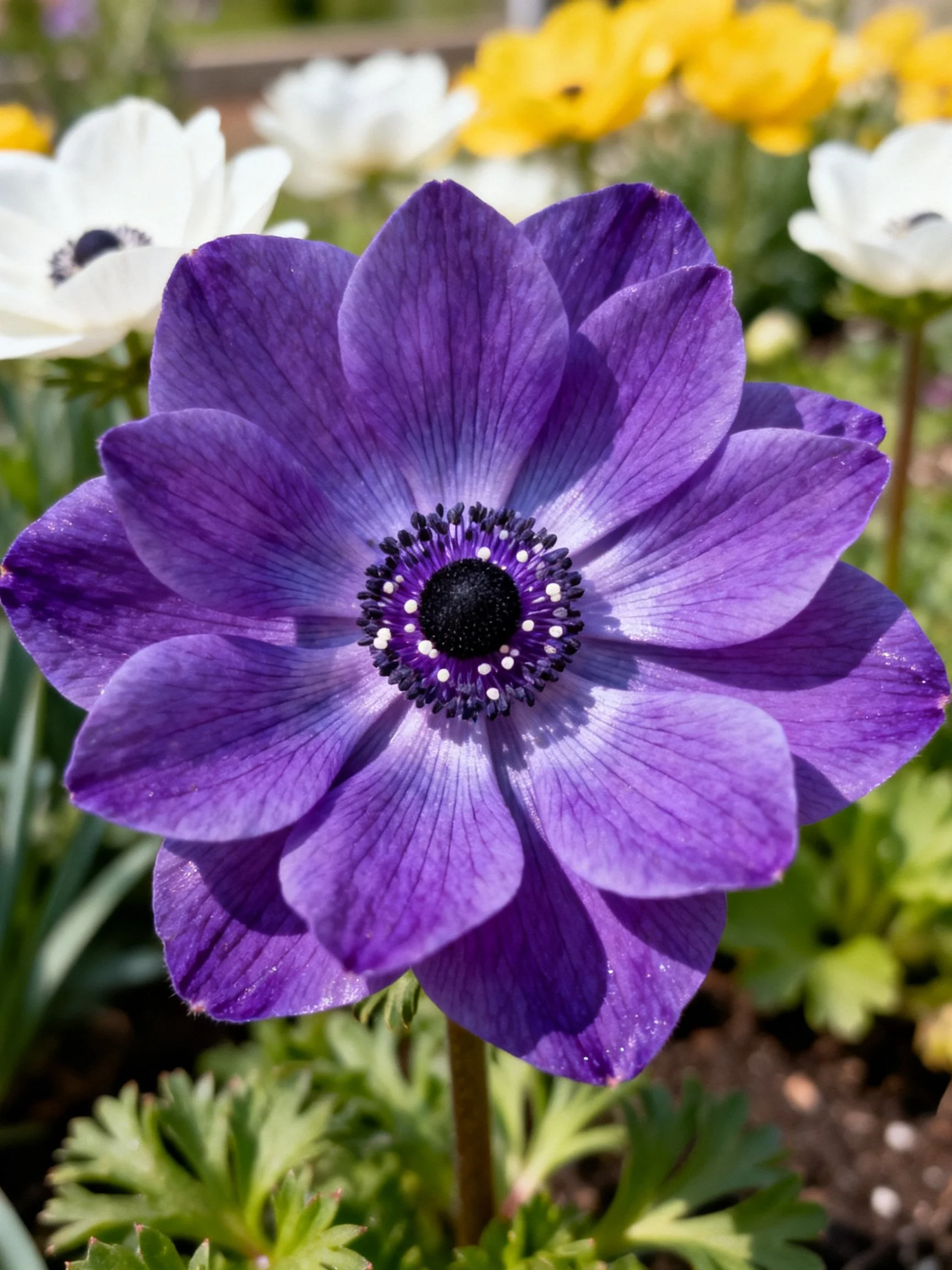 A vibrant purple anemone surrounded by white and yellow flowers