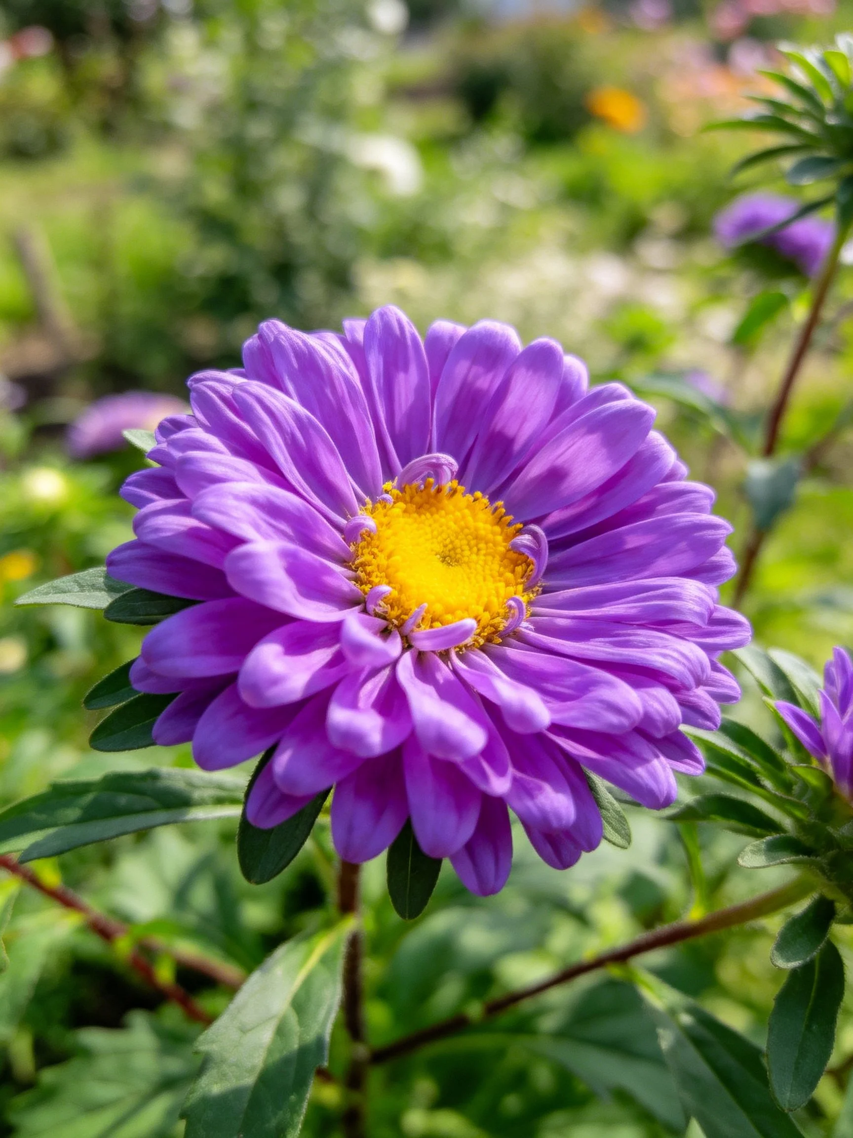 A vibrant purple aster flower with a bright yellow center, surrounded by green foliage