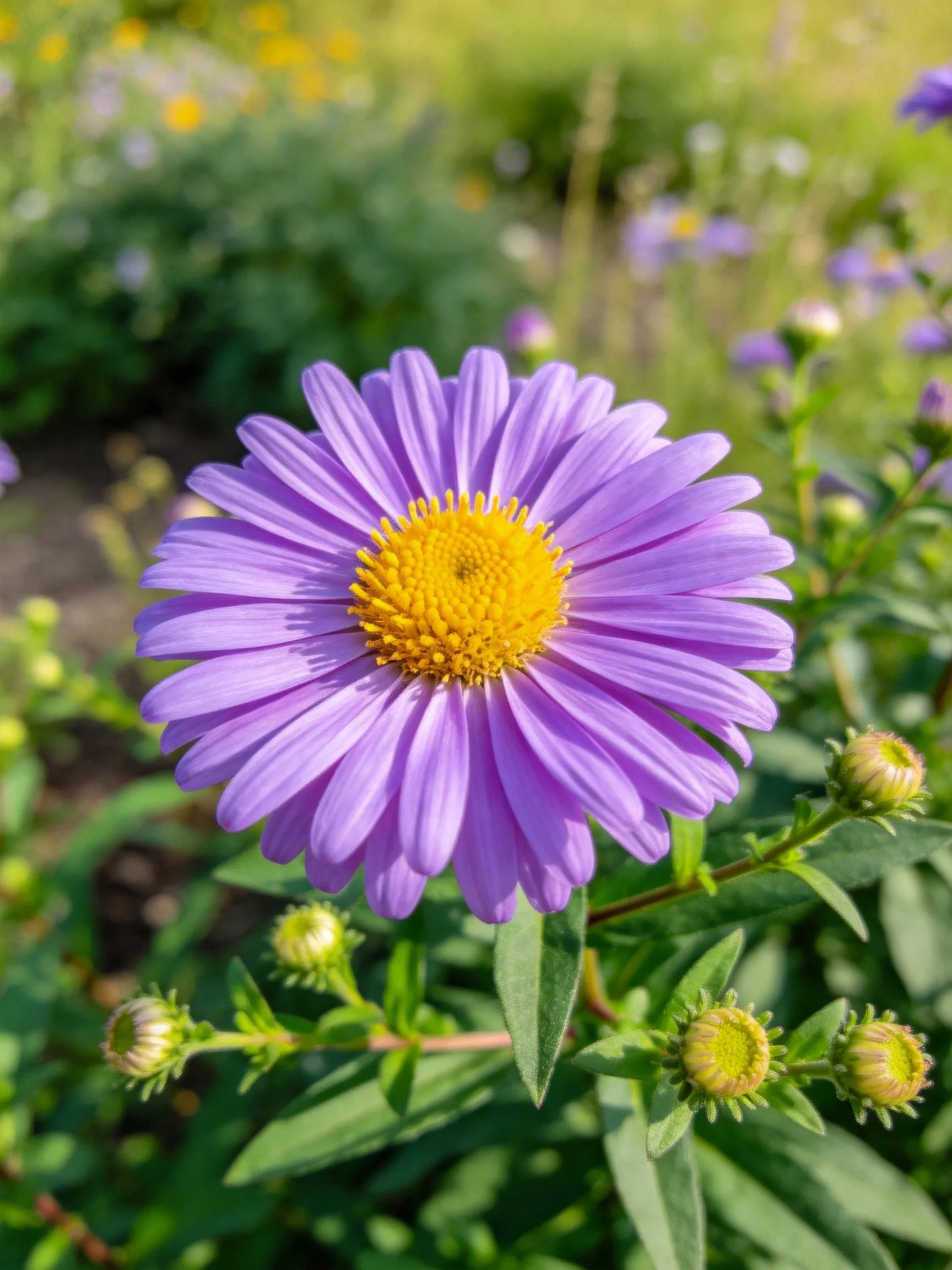 A vibrant purple aster flower with yellow center amid green foliage
