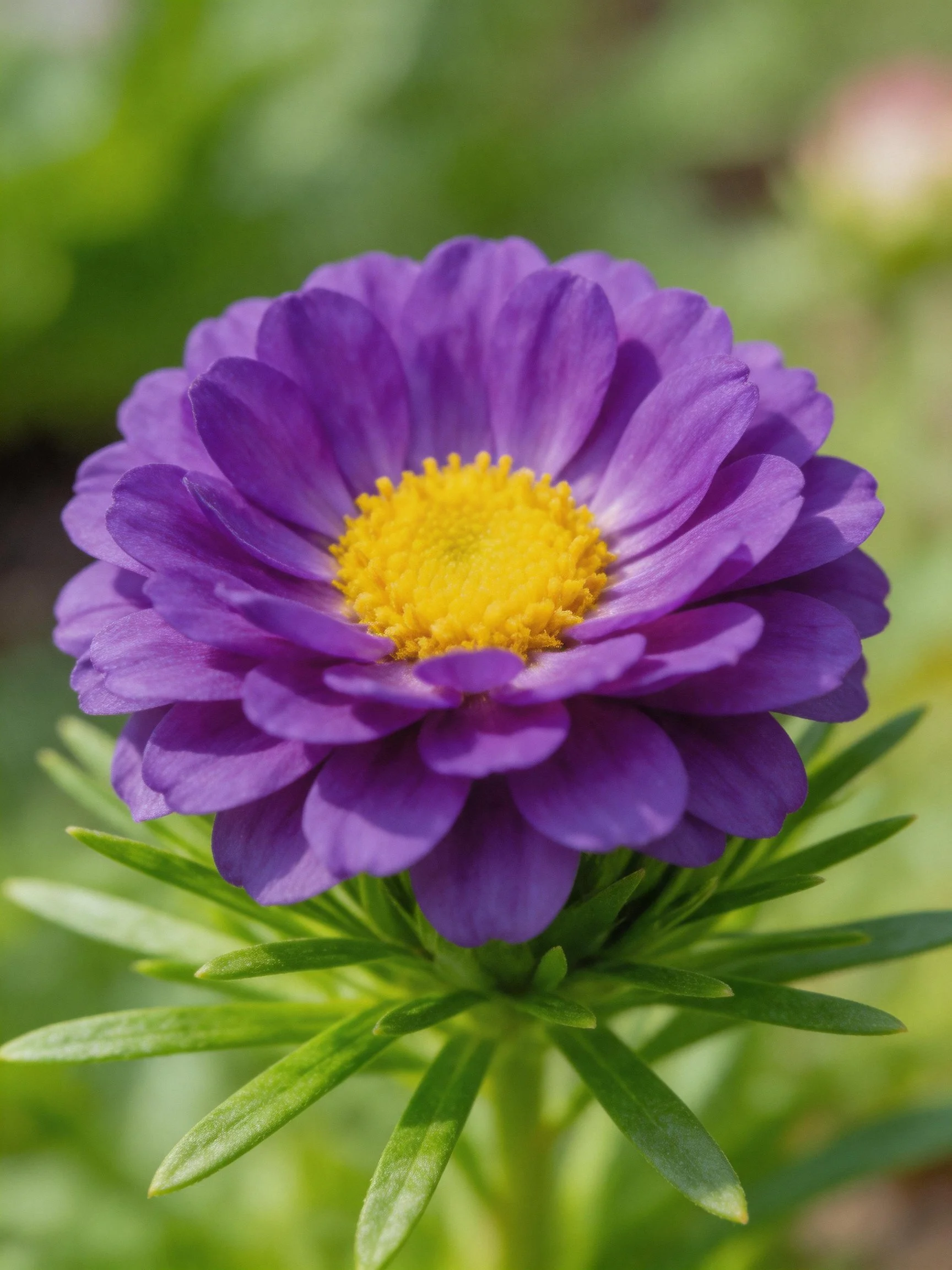 A vibrant purple aster with a bright yellow center
