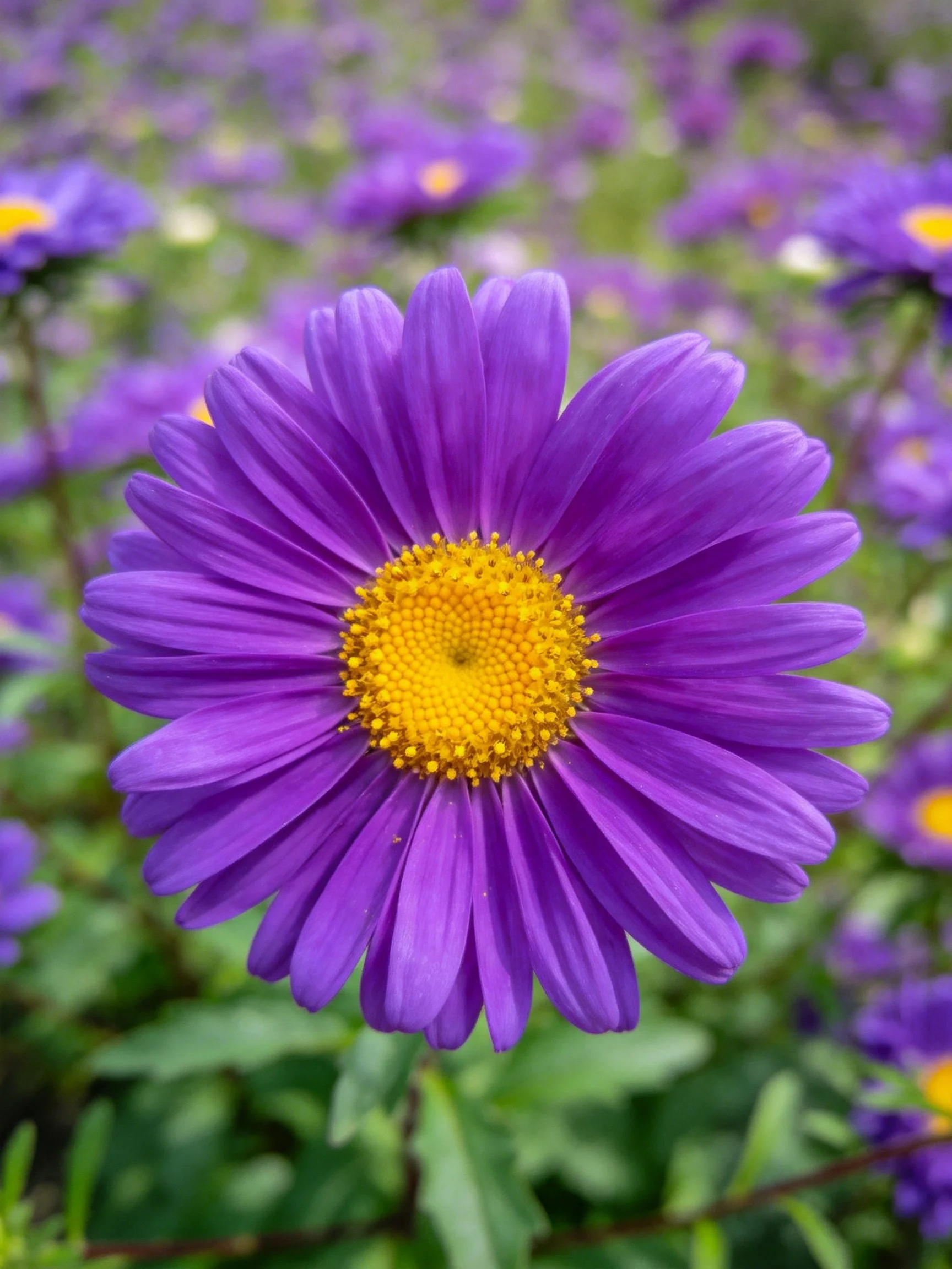 A vibrant purple aster with a golden-yellow center amid blurred blooms