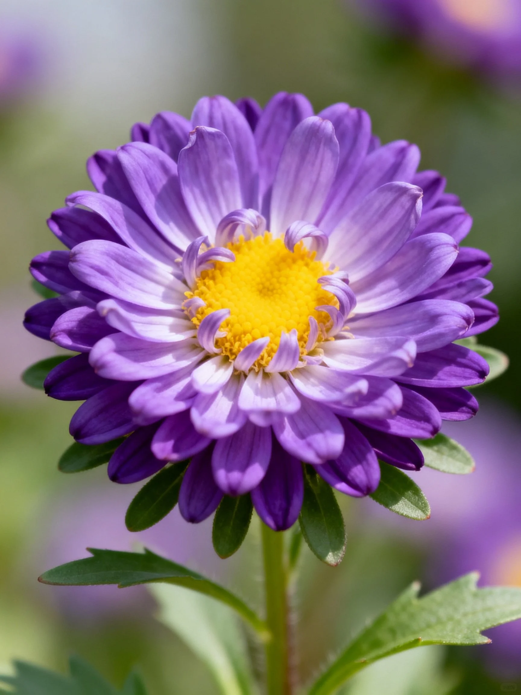 A vibrant purple aster with layered petals and golden center