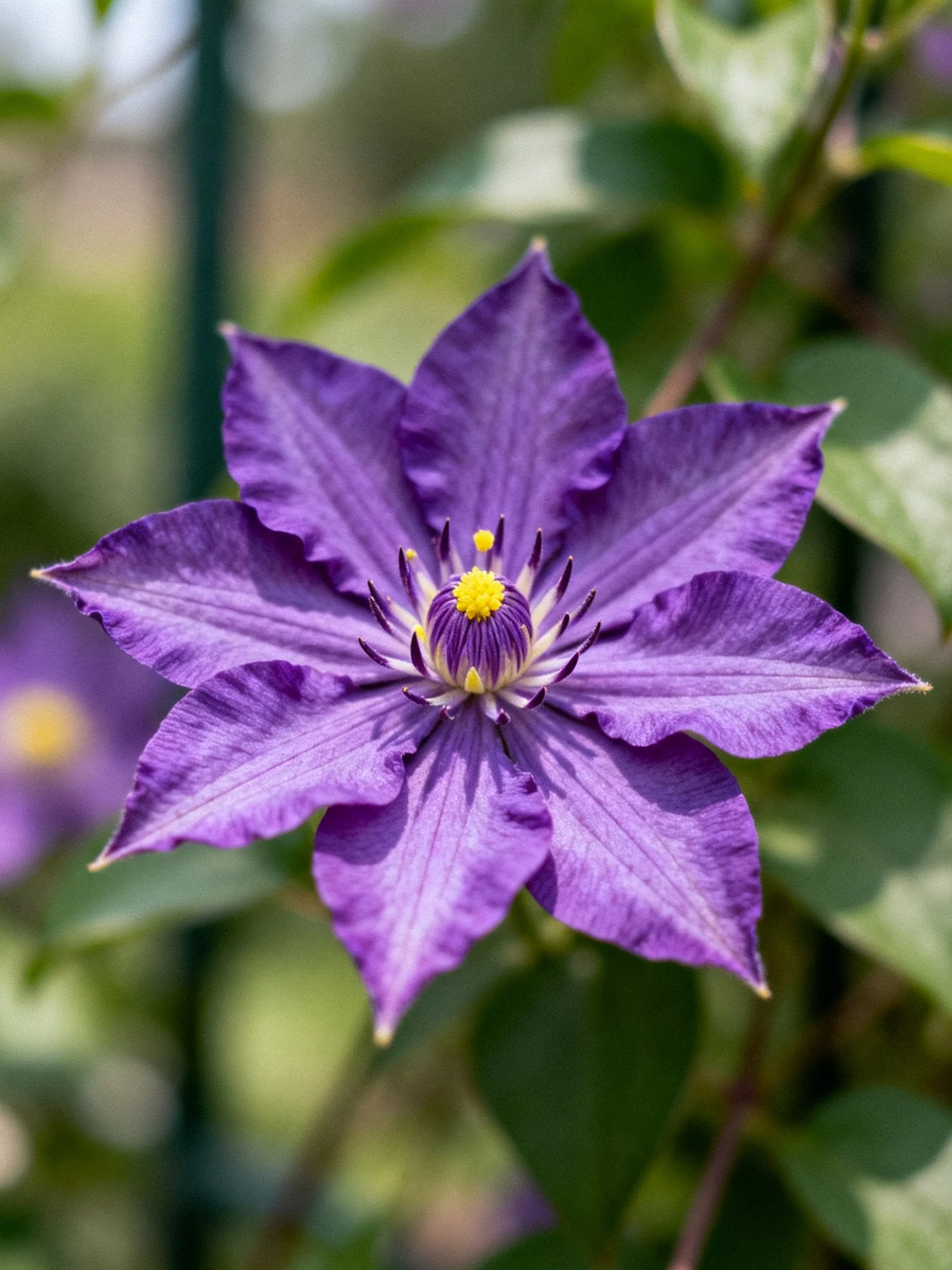 A vibrant purple clematis flower with yellow center