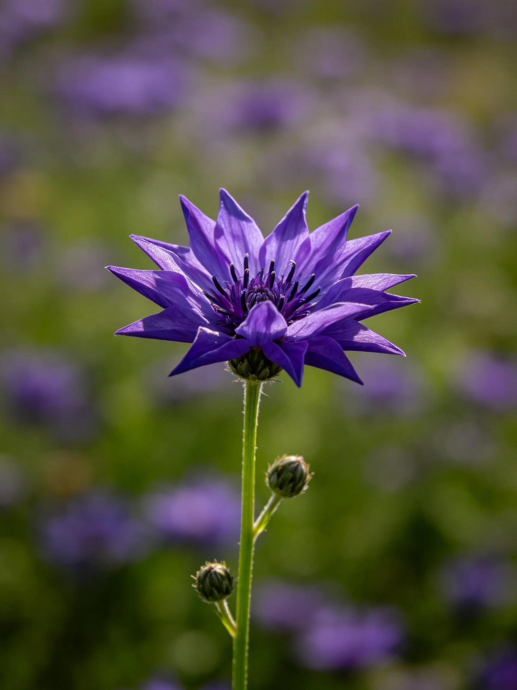 A vibrant purple cornflower with spiky petals and green stem