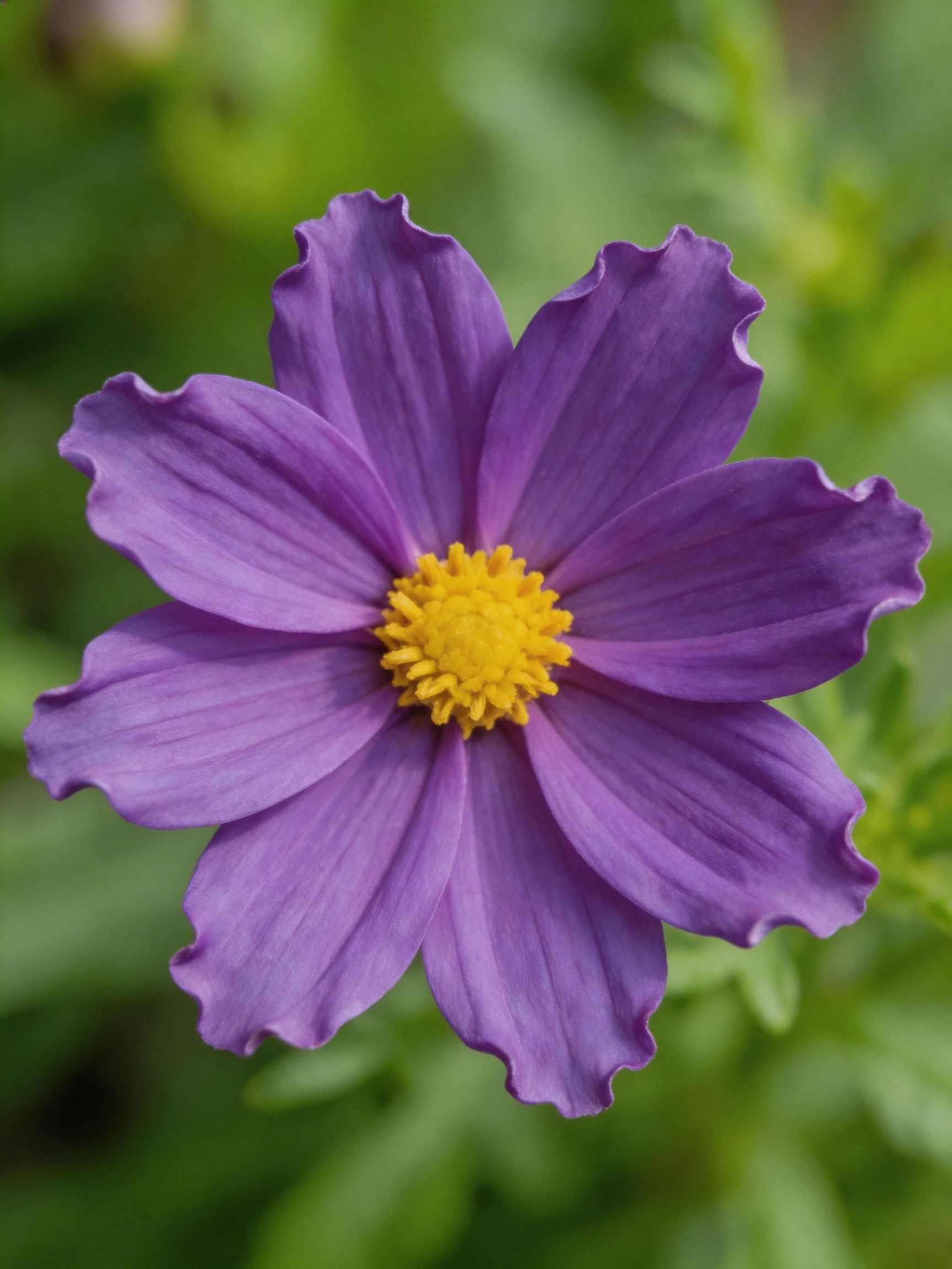 A vibrant purple cosmos flower with a bright yellow center