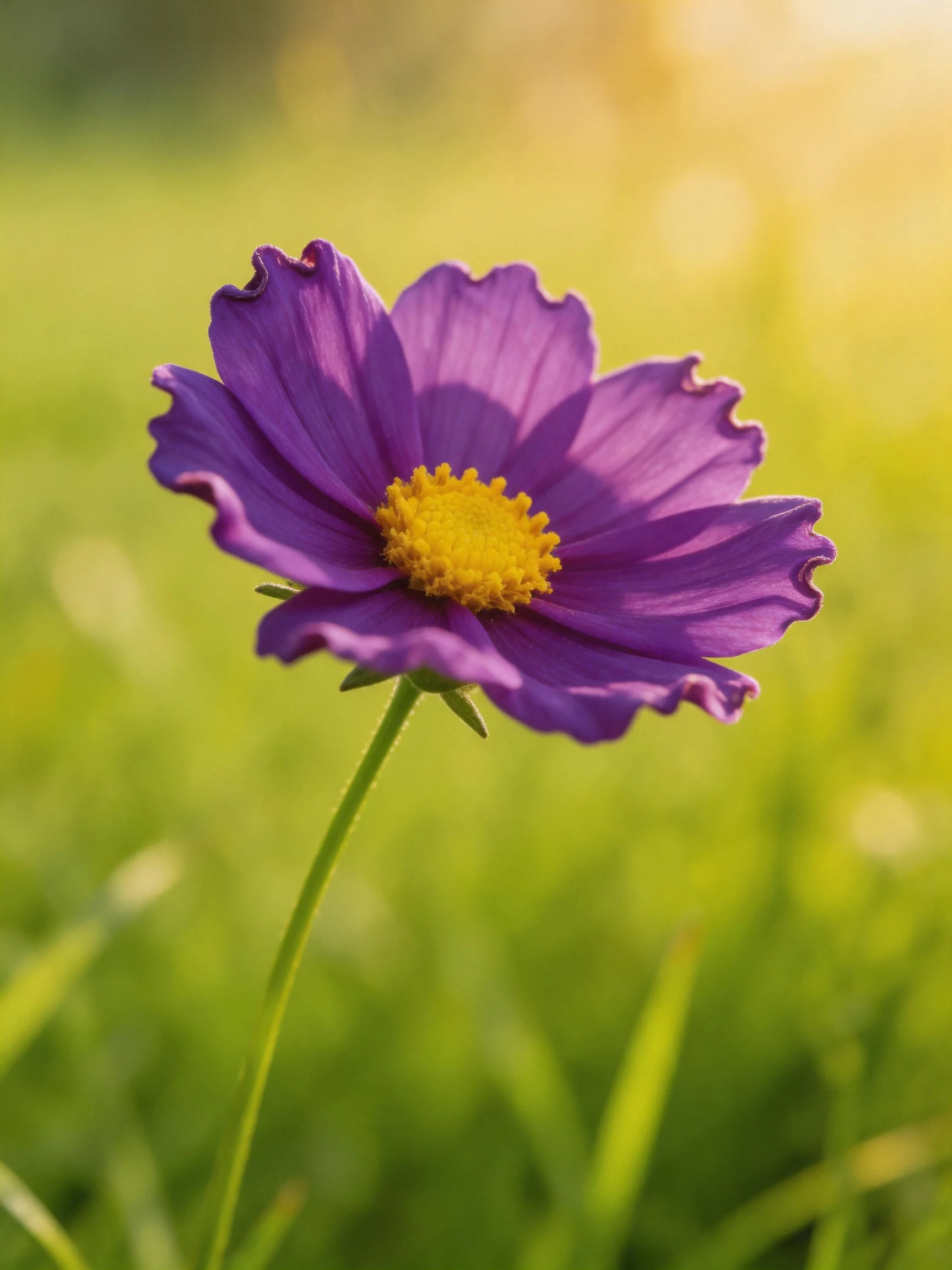 A vibrant purple cosmos flower with a bright yellow center